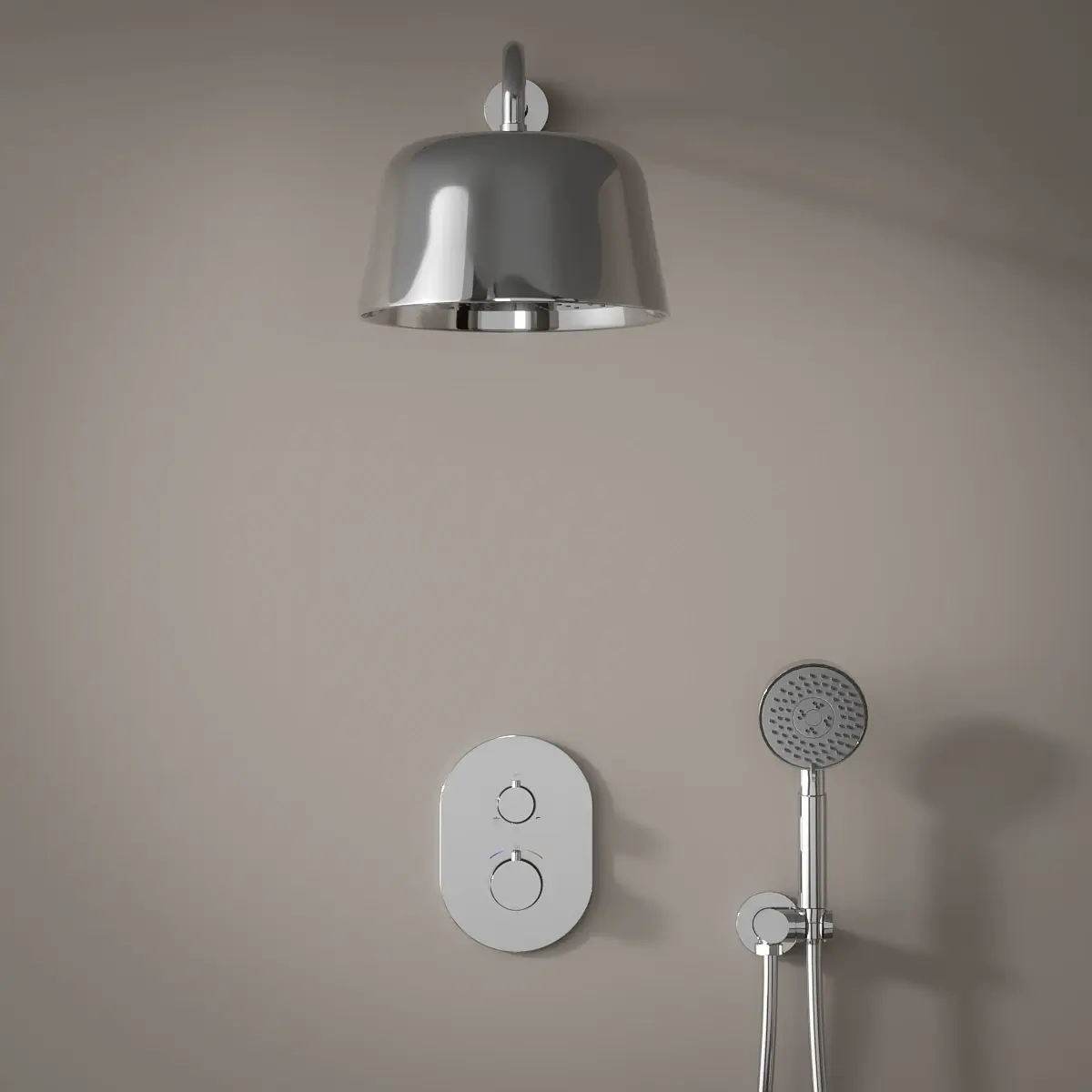Mitigeur de douche encastrée avec pomme cloche inox poli et douchette ronde, Châtelet