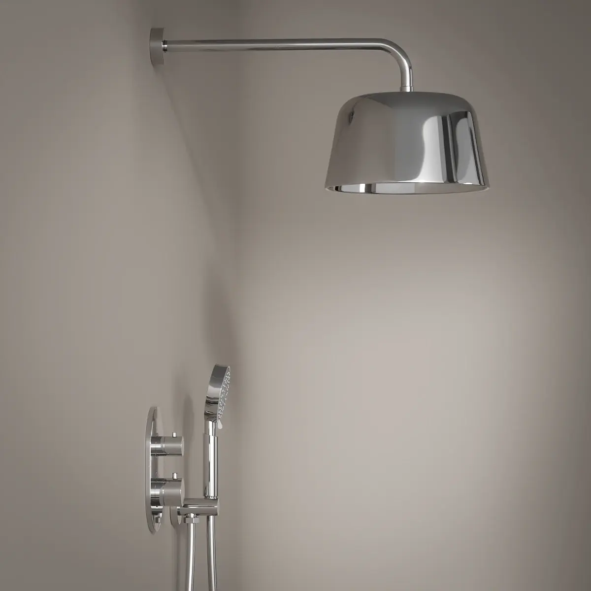Mitigeur de douche encastrée avec pomme cloche inox poli et douchette ronde, Châtelet