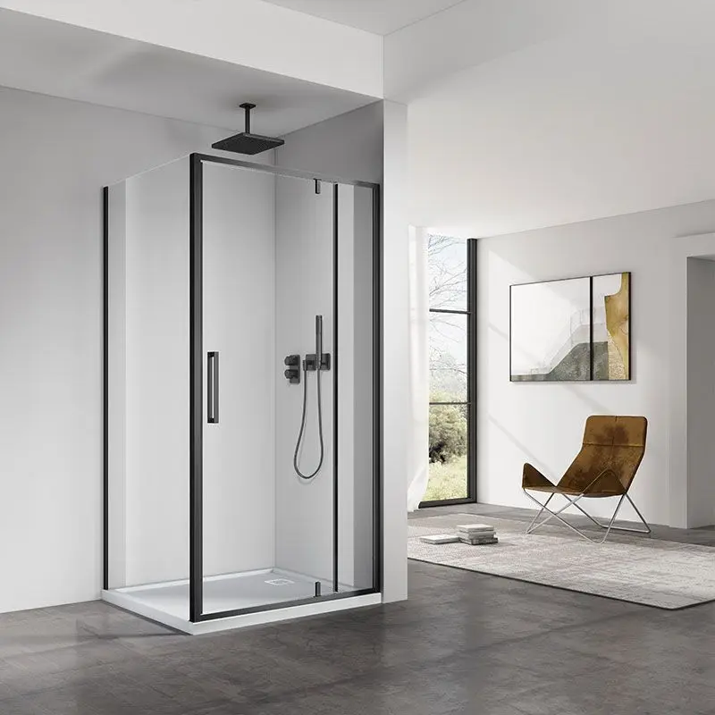 Cabine de douche pivotante + fixe, Sur mesure de 93 à 165,4 cm, noir Brossé, Arena