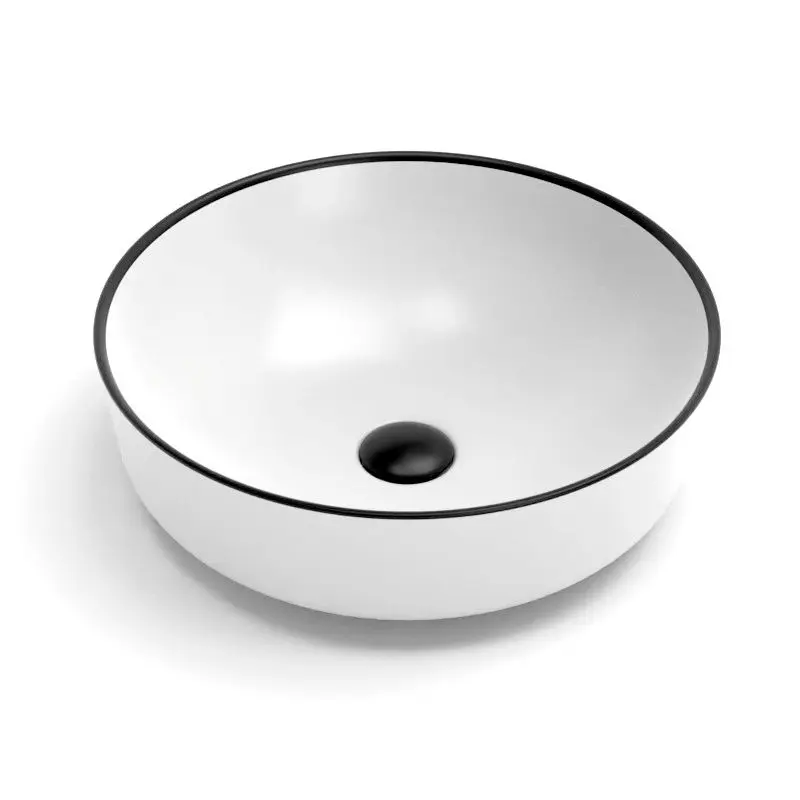 Vasque à poser Ø41,5 cm céramique, Blanc mat avec liseré noir, Line 