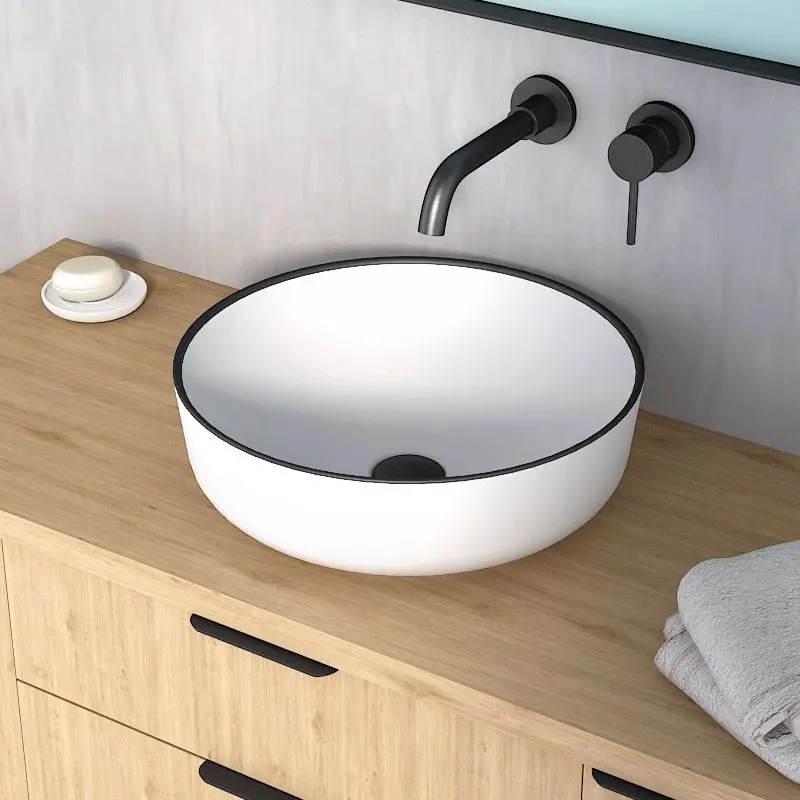 Vasque à poser Ø41,5 cm céramique, Blanc mat avec liseré noir, Line 