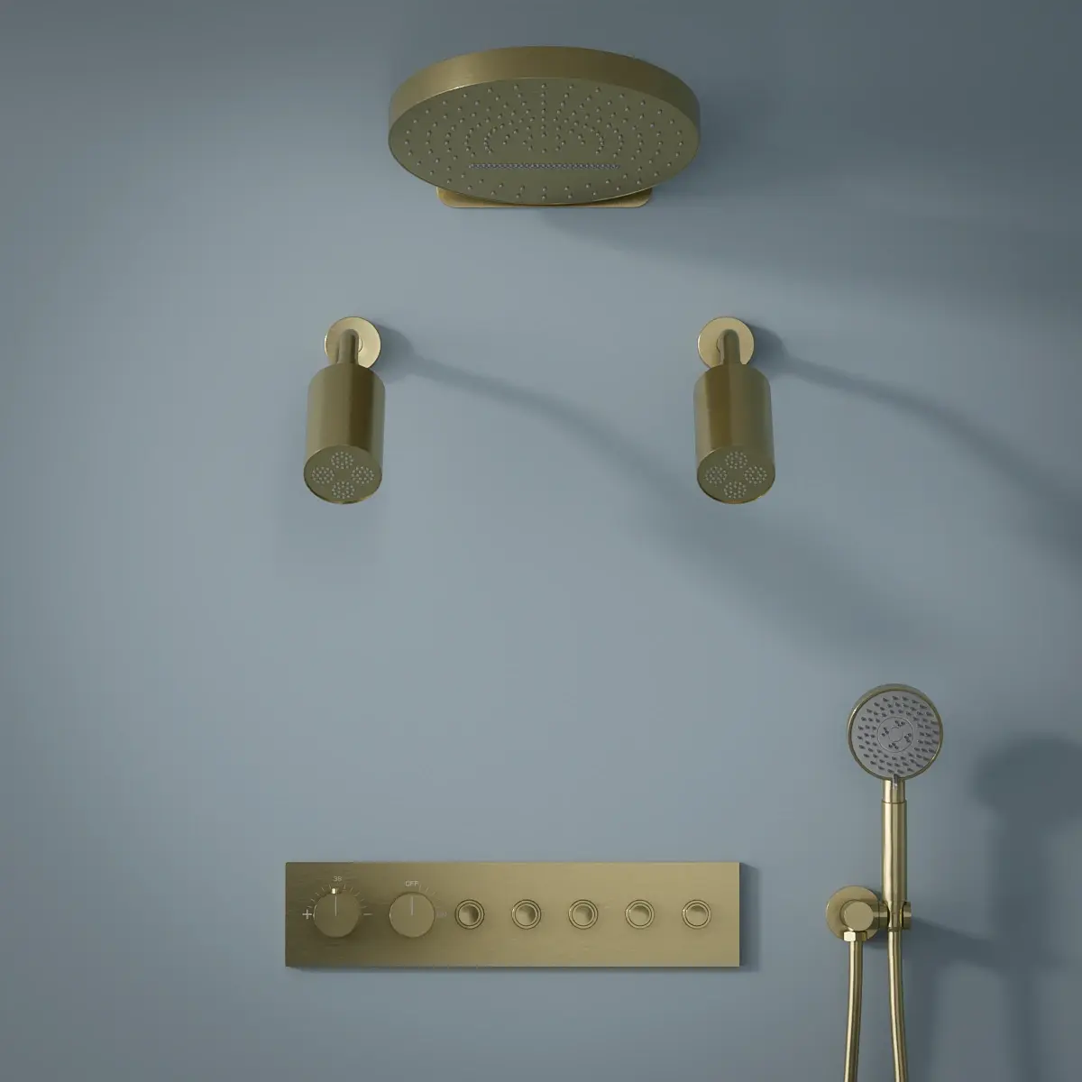 Douche thermostatique, ciel de douche ronde et douches épaules, doré brossé Châtelet