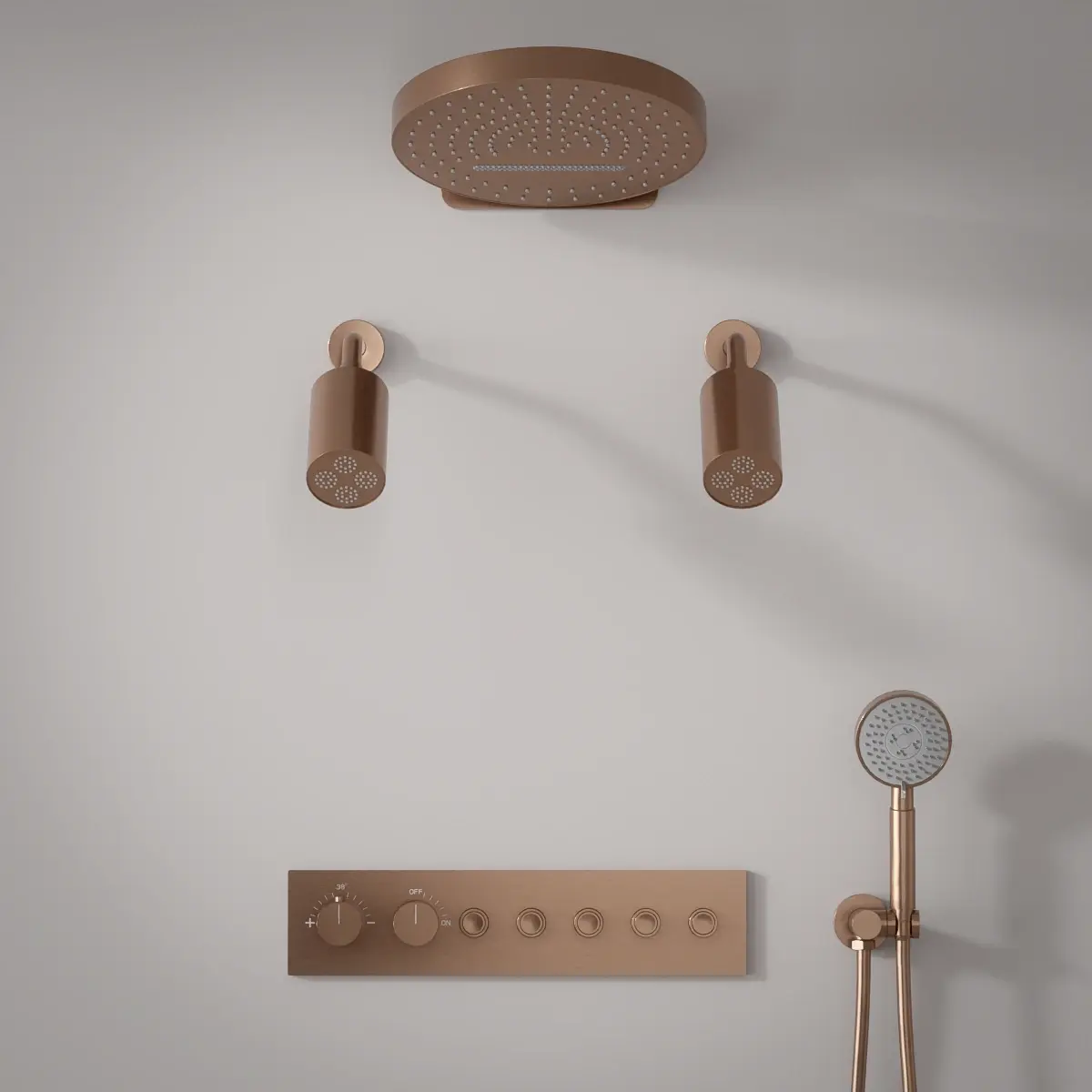 Douche thermostatique, ciel de douche ronde et douches épaules, doré rose brossé Châtelet