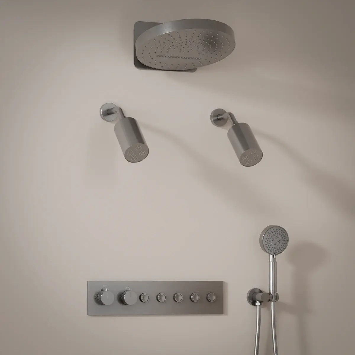 Douche thermostatique, ciel de douche rond et douches épaules, inox brossé Châtelet