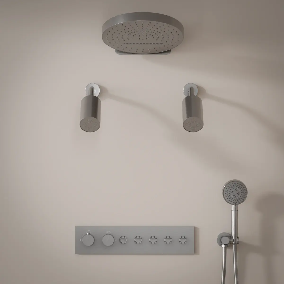Douche thermostatique, ciel de douche rond et douches épaules, inox brossé Châtelet