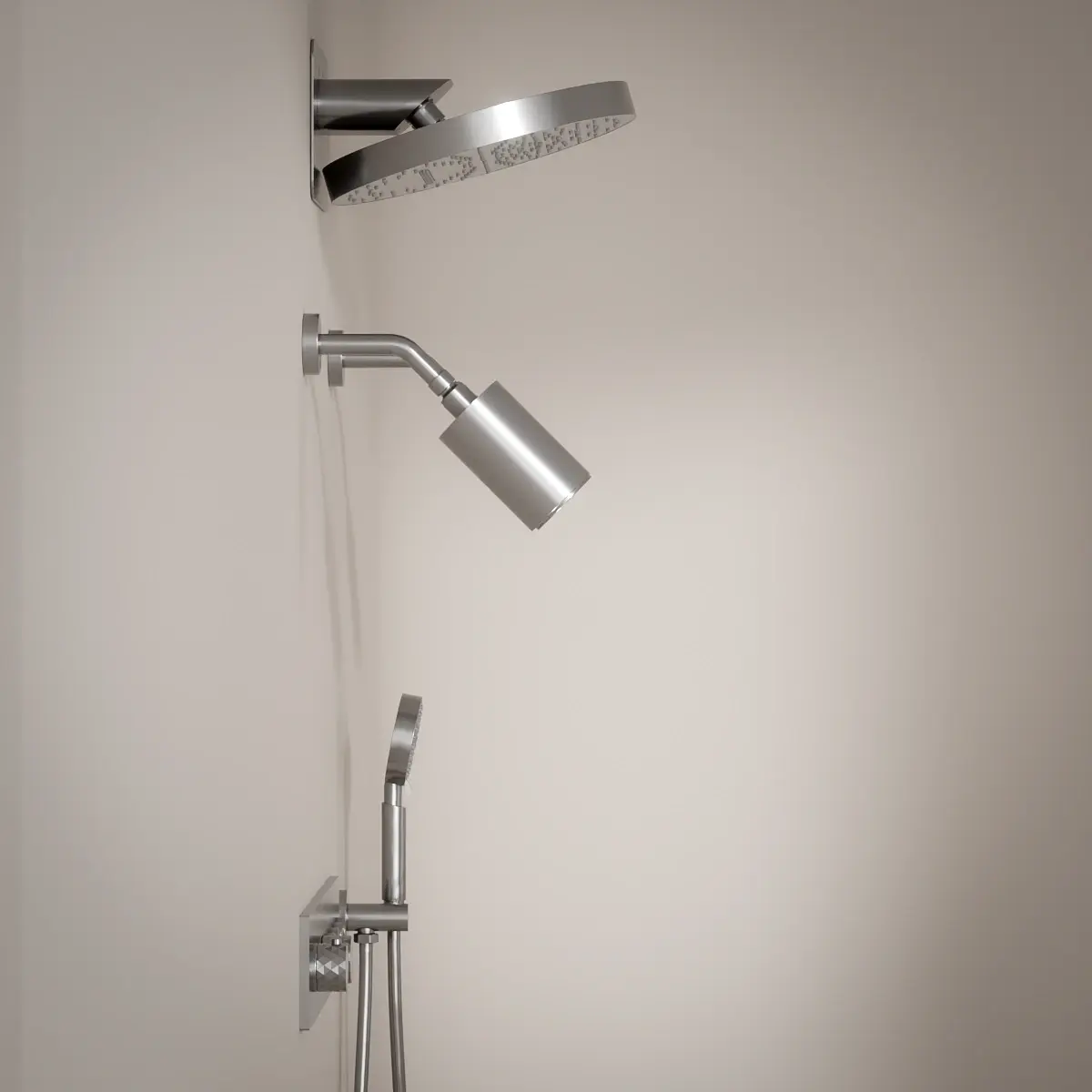 Douche thermostatique, ciel de douche rond et douches épaules, inox brossé Châtelet