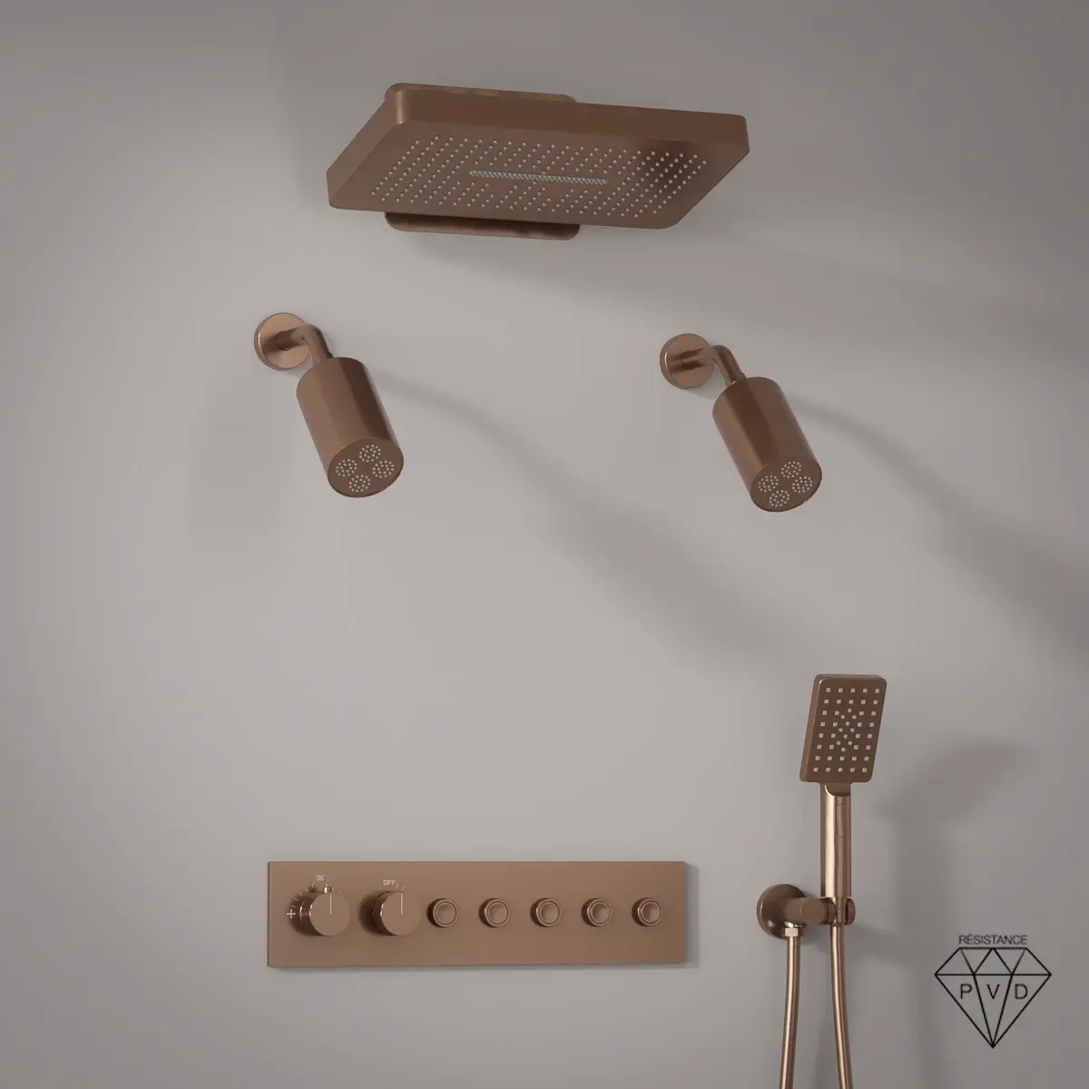 Douche thermostatique, ciel de douche carré et douches épaules, doré rose brossé Châtelet