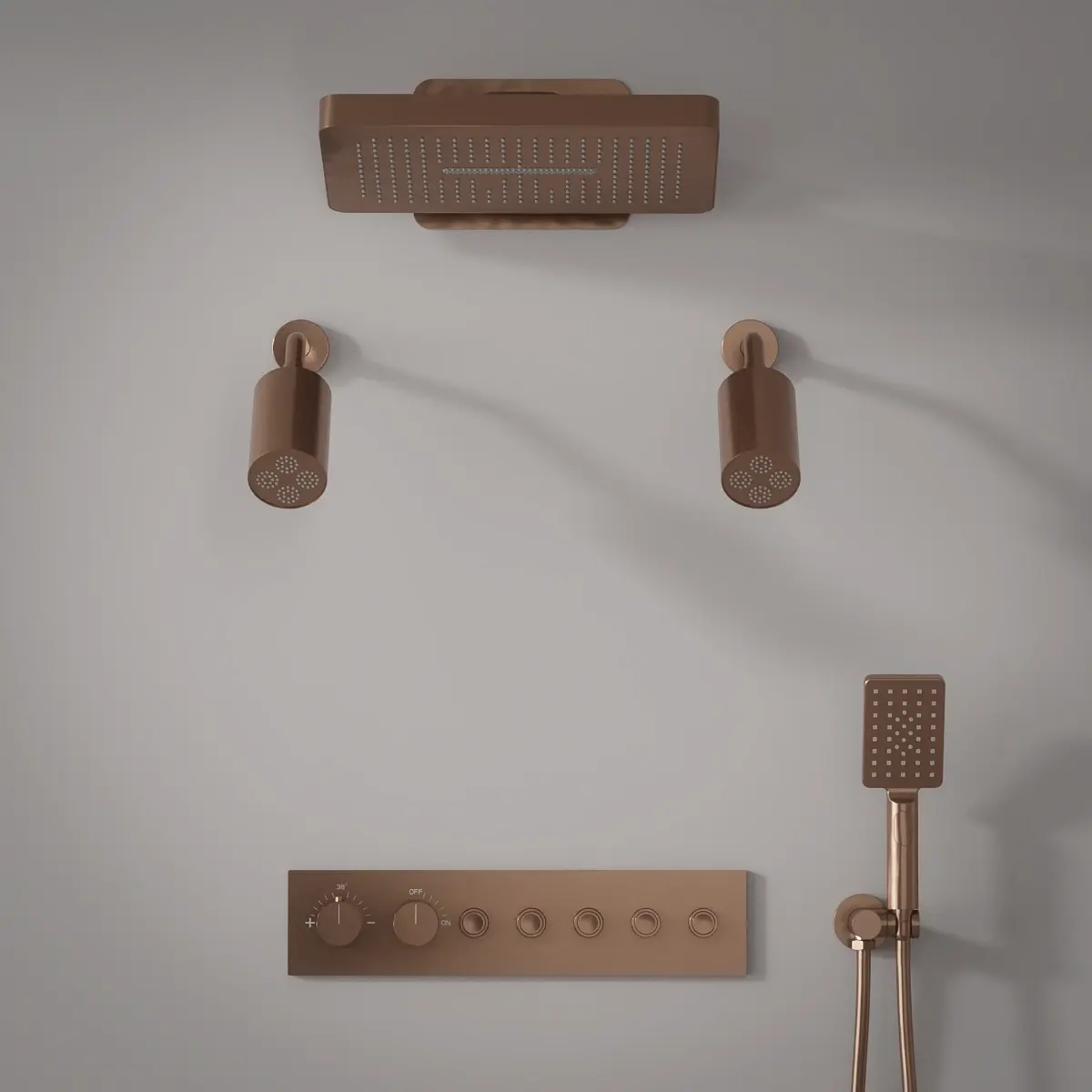 Douche thermostatique, ciel de douche carré et douches épaules, doré rose brossé Châtelet