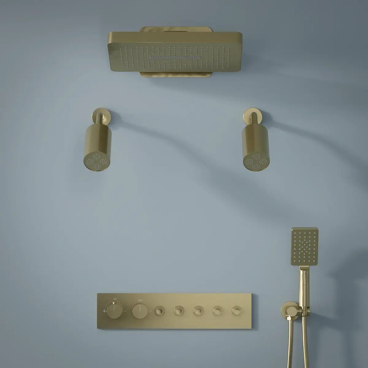 Douche thermostatique, ciel de douche carré et douches épaules, doré brossé Châtelet