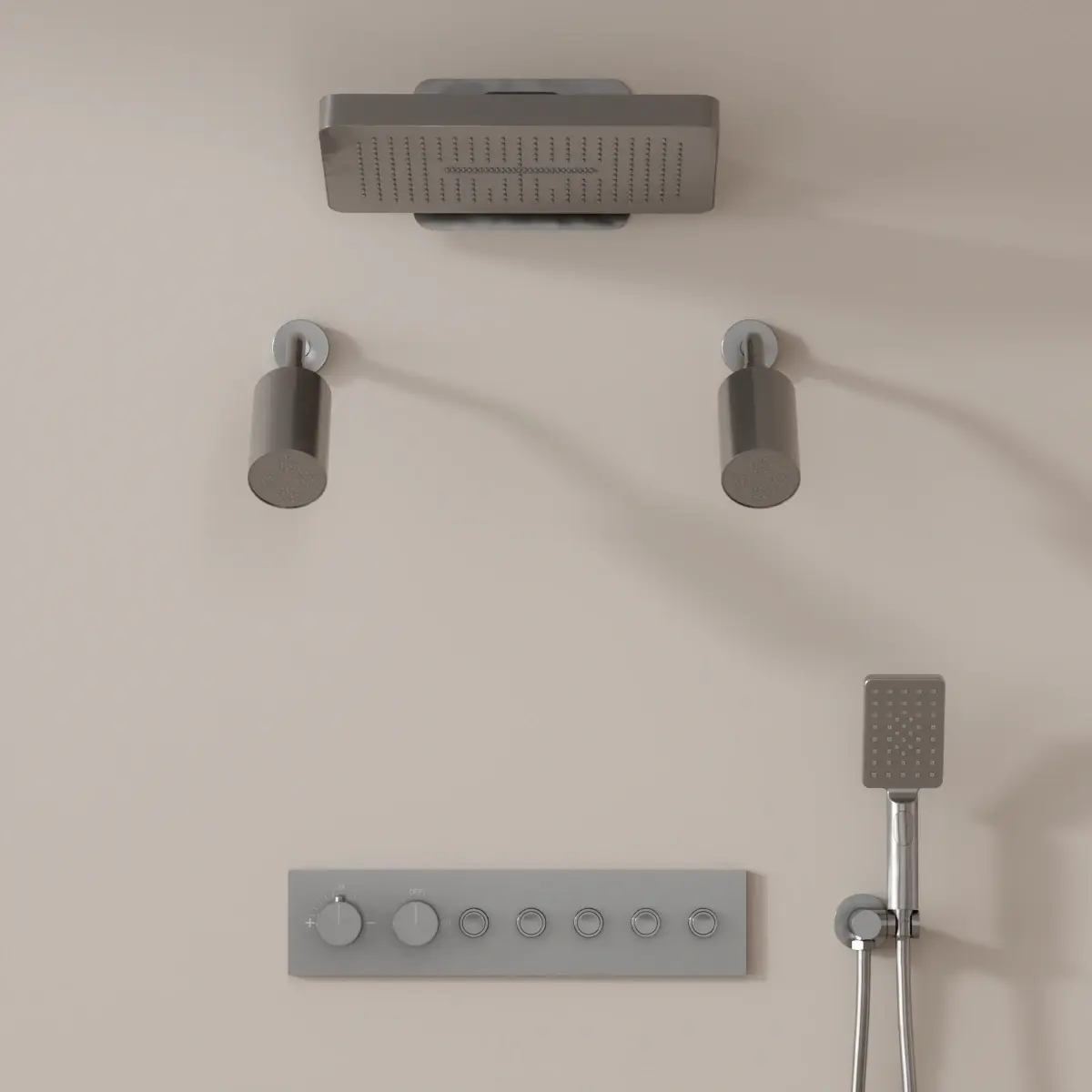 Douche thermostatique, ciel de douche carré et douches épaules, inox brossé Châtelet