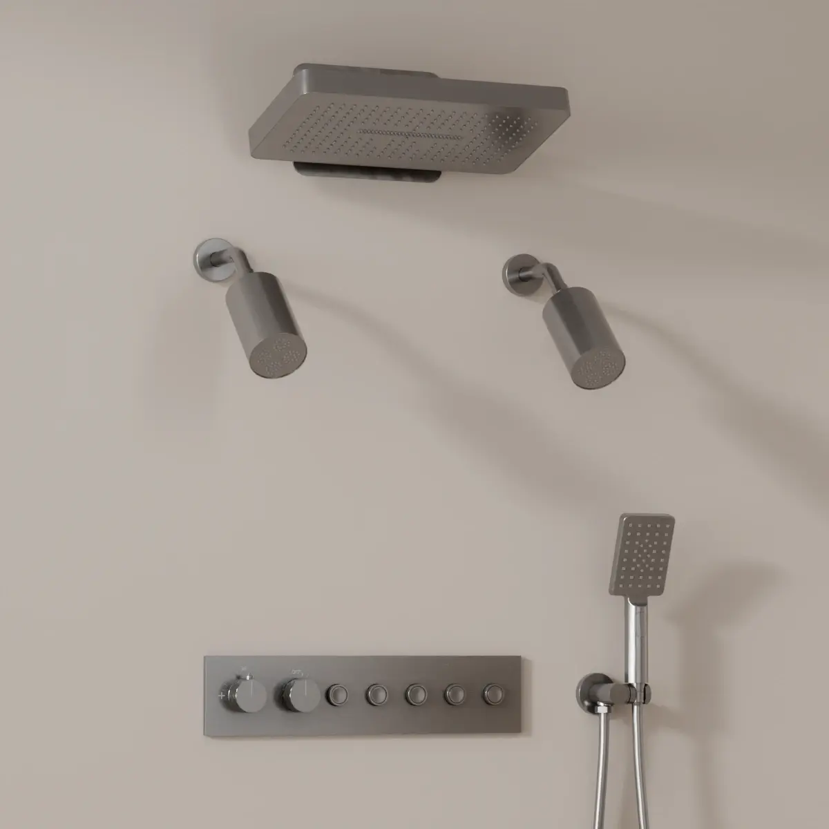 Douche thermostatique, ciel de douche carré et douches épaules, inox brossé Châtelet