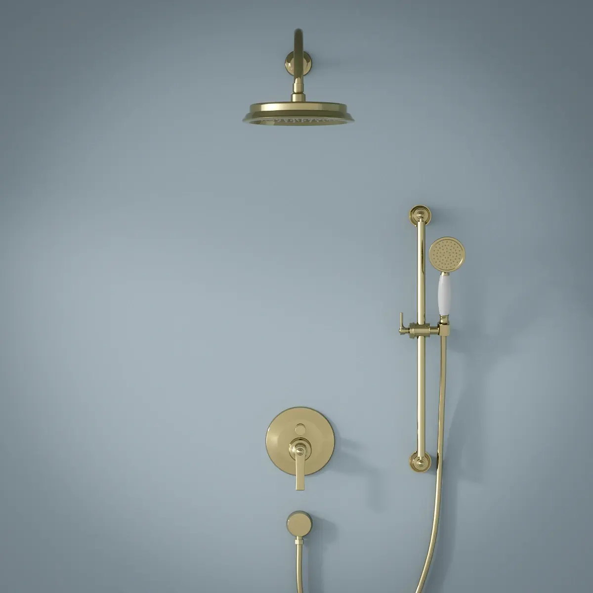 Pack robinet mitigeur douche mural (2 sorties), set de douche et pluie, doré, Liberty