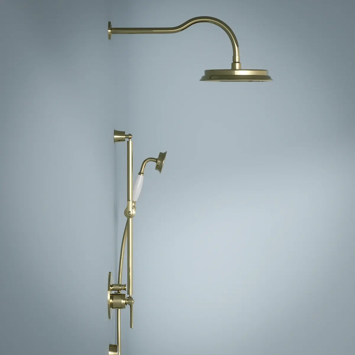 Pack robinet mitigeur douche mural (2 sorties), set de douche et pluie, doré, Liberty