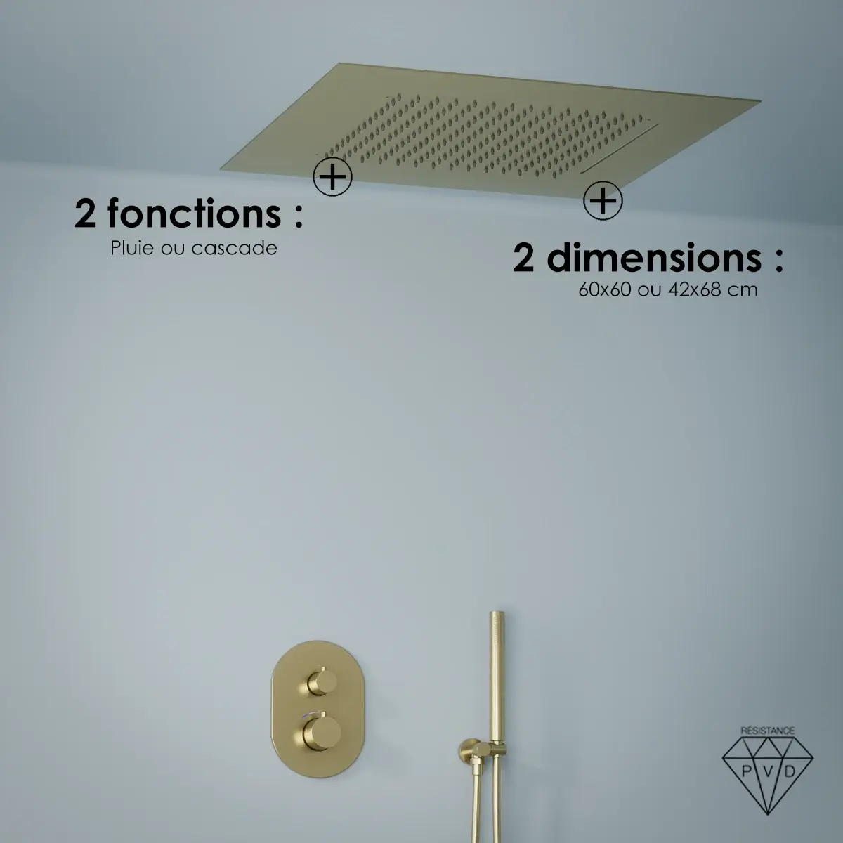 Composition de douche thermostatique avec ciel de pluie encastré doré brossé, Châtelet