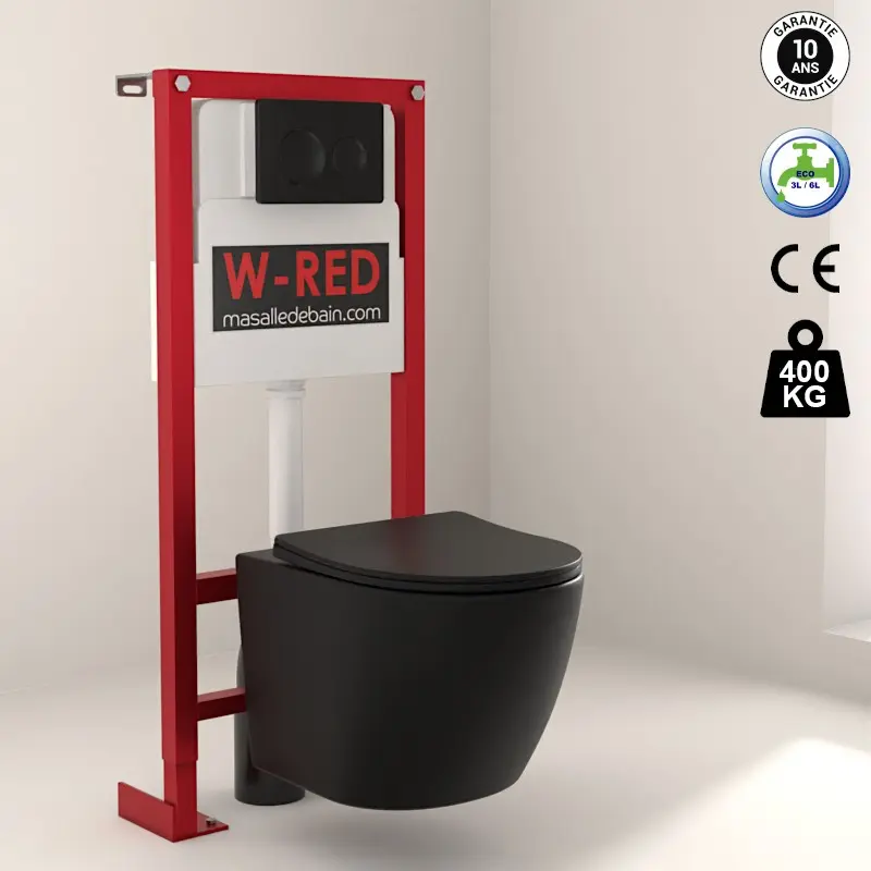 [PKWRED-2] PACK WC Bati-support W-RED Autoportant + WC sans bride Noir mat + plaque Noire mat.webp