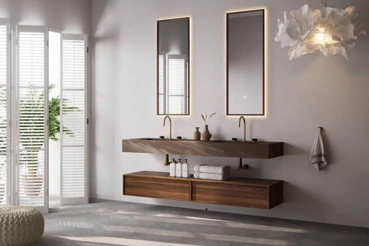 Ensemble double vasque 180 cm Fossil avec plan en pierre brown mat, meuble bas suspendu en noyer et deux miroirs LED bois 50x120 cm – style moderne et chaleureux, finitions haut de gamme