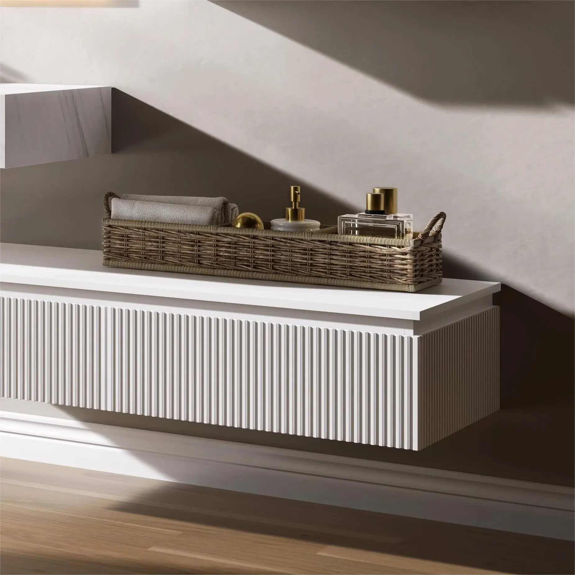 Ensemble vasque, meuble bas blanc cannelé, miroir LED – Tivel