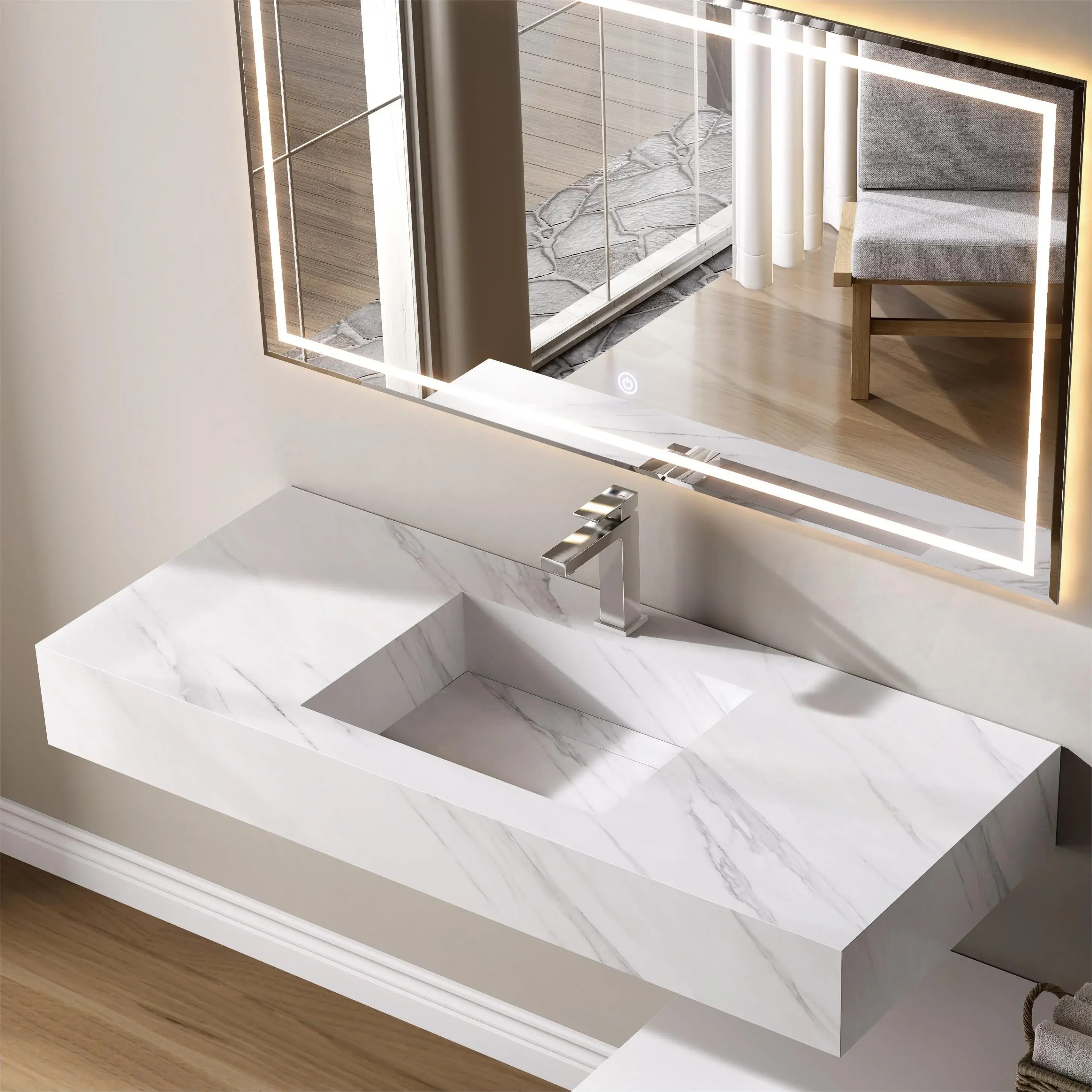 Ensemble vasque, meuble bas blanc cannelé, miroir LED – Tivel