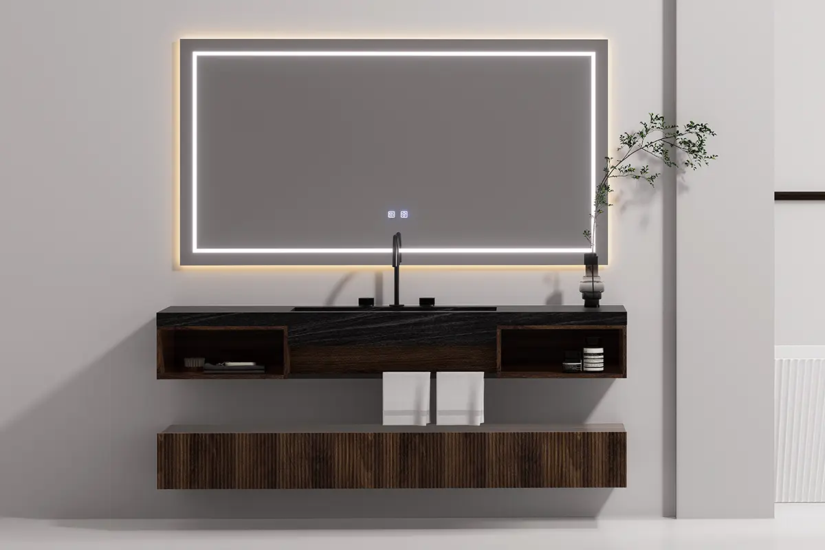 Ensemble vasque intégrée 180 cm Amazing en céramique sandstone, meubles bas suspendus en noyer fumé et miroir LED 160x140 cm – style graphique, lignes sombres et design contemporain