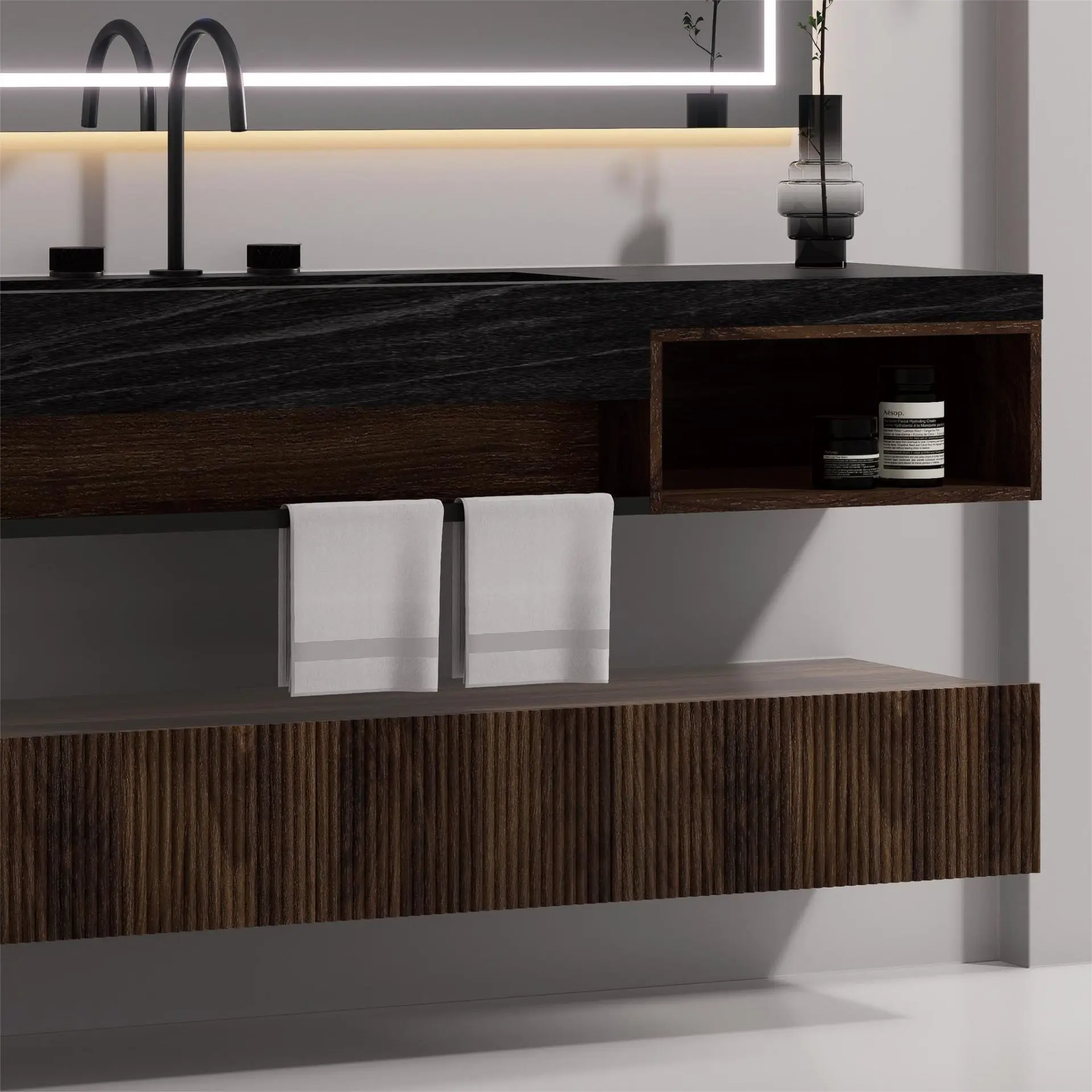 Ensemble vasque intégrée céramique sandstone, meubles bas noyer et miroir LED – Amazing