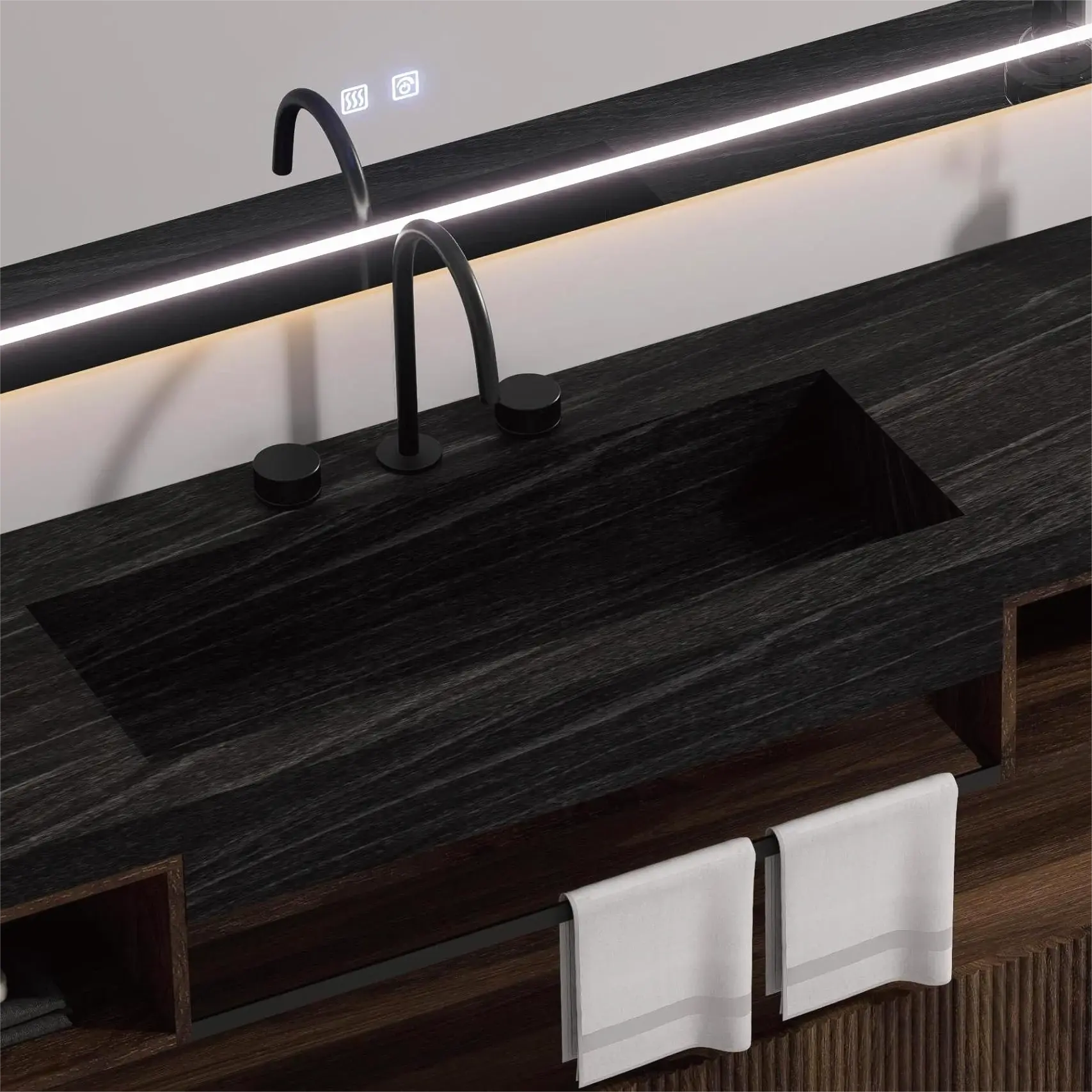 Ensemble vasque intégrée céramique sandstone, meubles bas noyer et miroir LED – Amazing