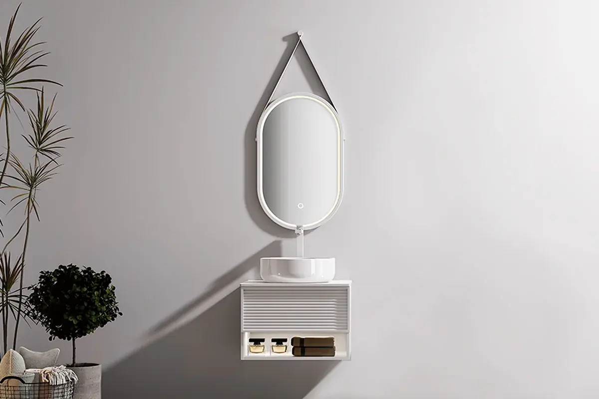 Ensemble meuble blanc mat Minions avec plan Carrara, vasque à poser en céramique blanche et miroir LED ovale 50x35 cm – format compact, design épuré et pratique