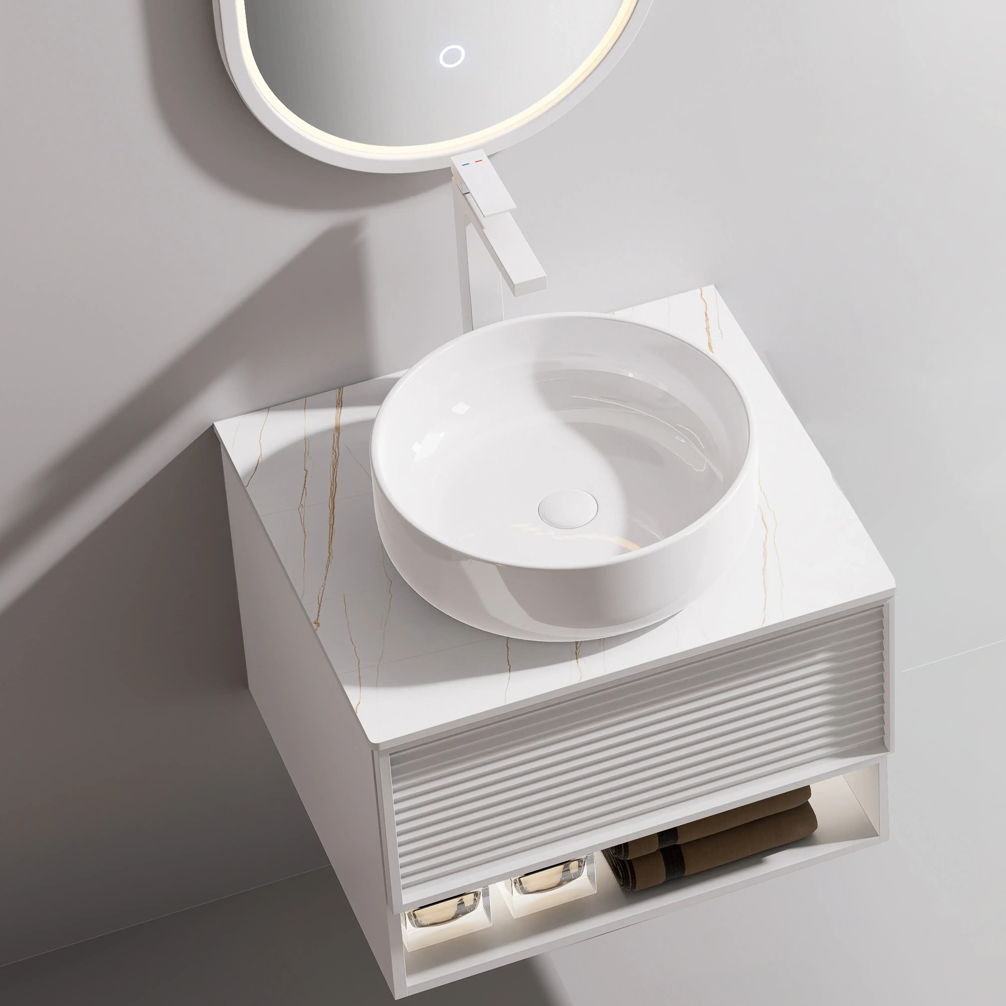 Ensemble meuble blanc avec plan Carrara, vasque et miroir LED – Minions