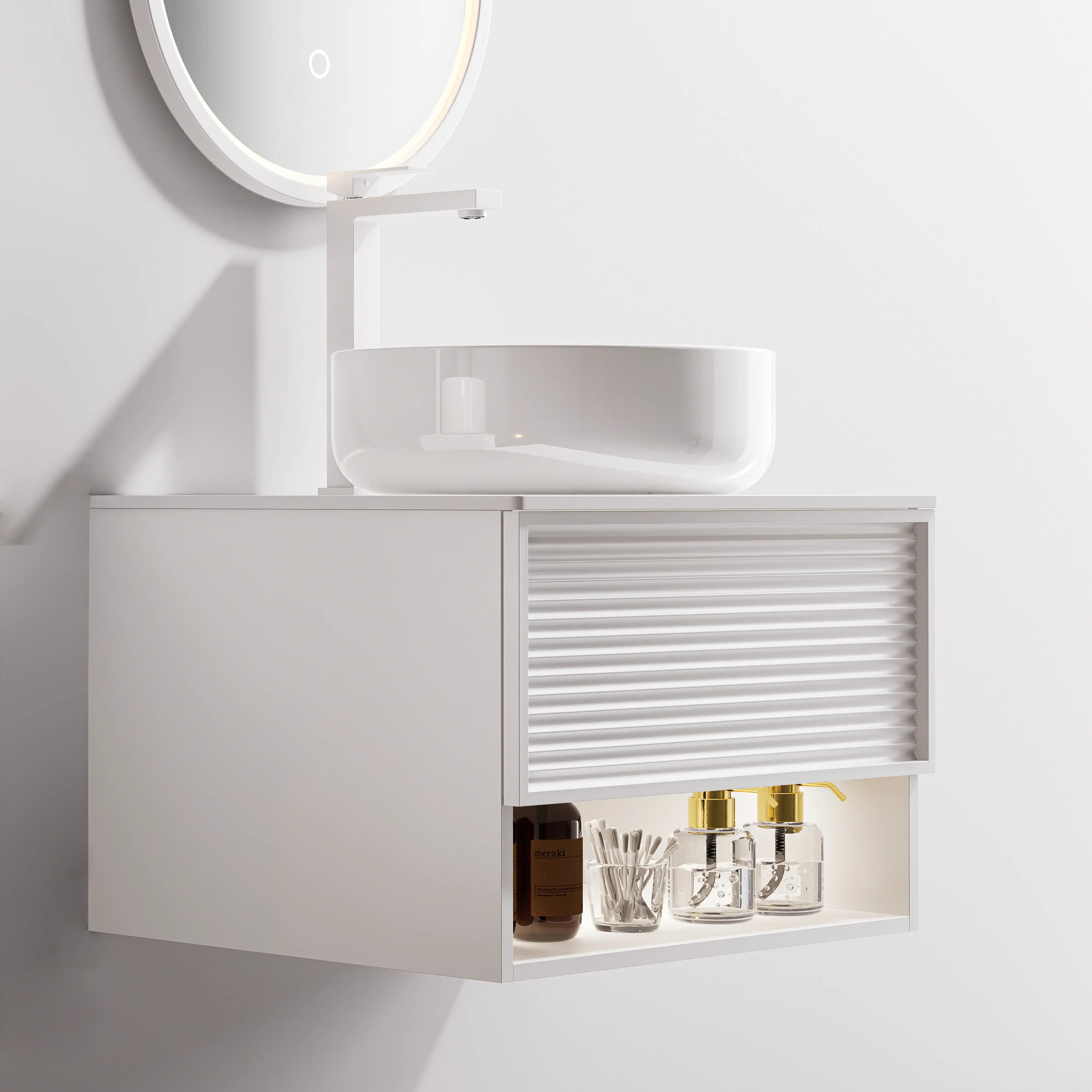 Ensemble meuble blanc avec plan Carrara, vasque et miroir LED – Minions
