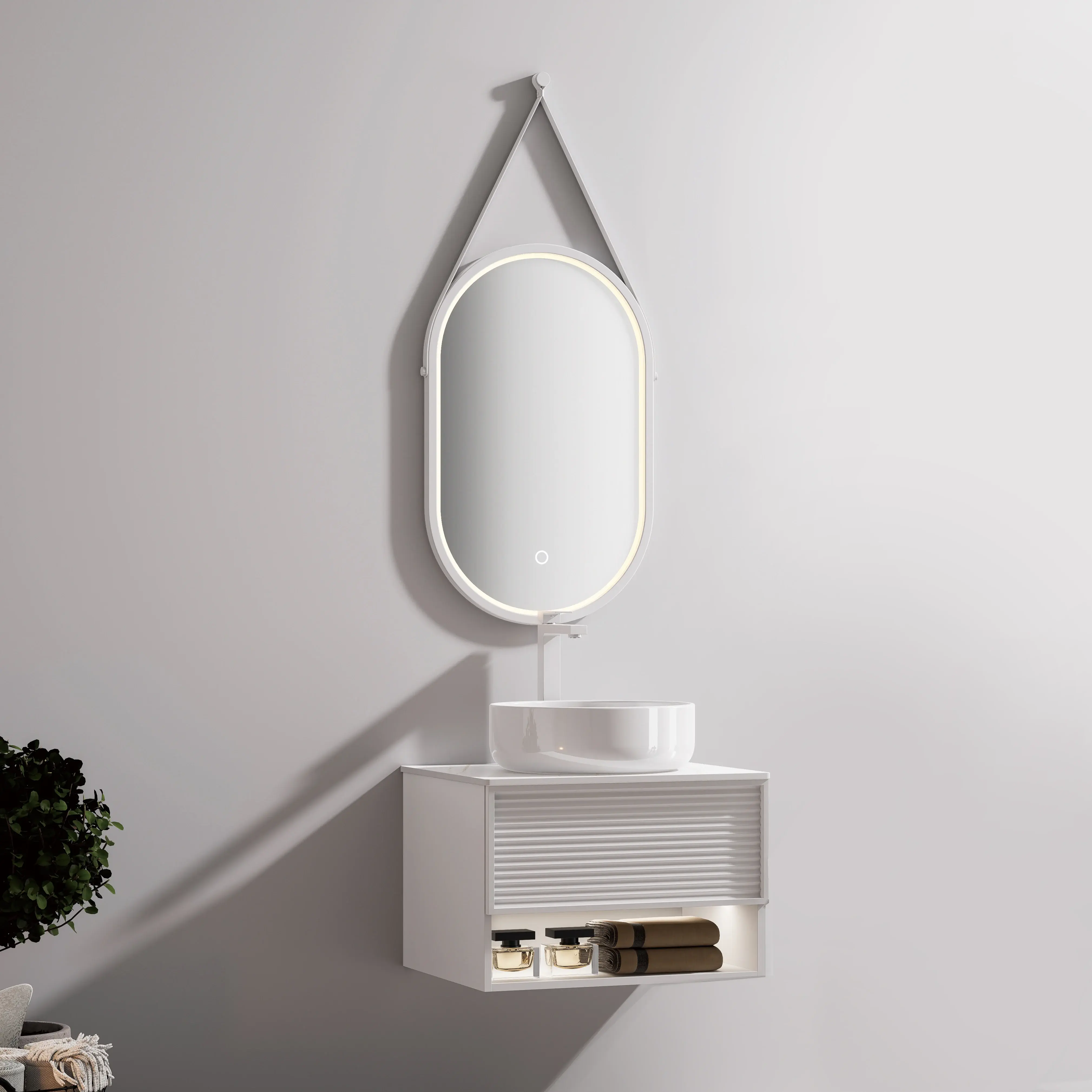 Ensemble meuble blanc avec plan Carrara, vasque et miroir LED – Minions