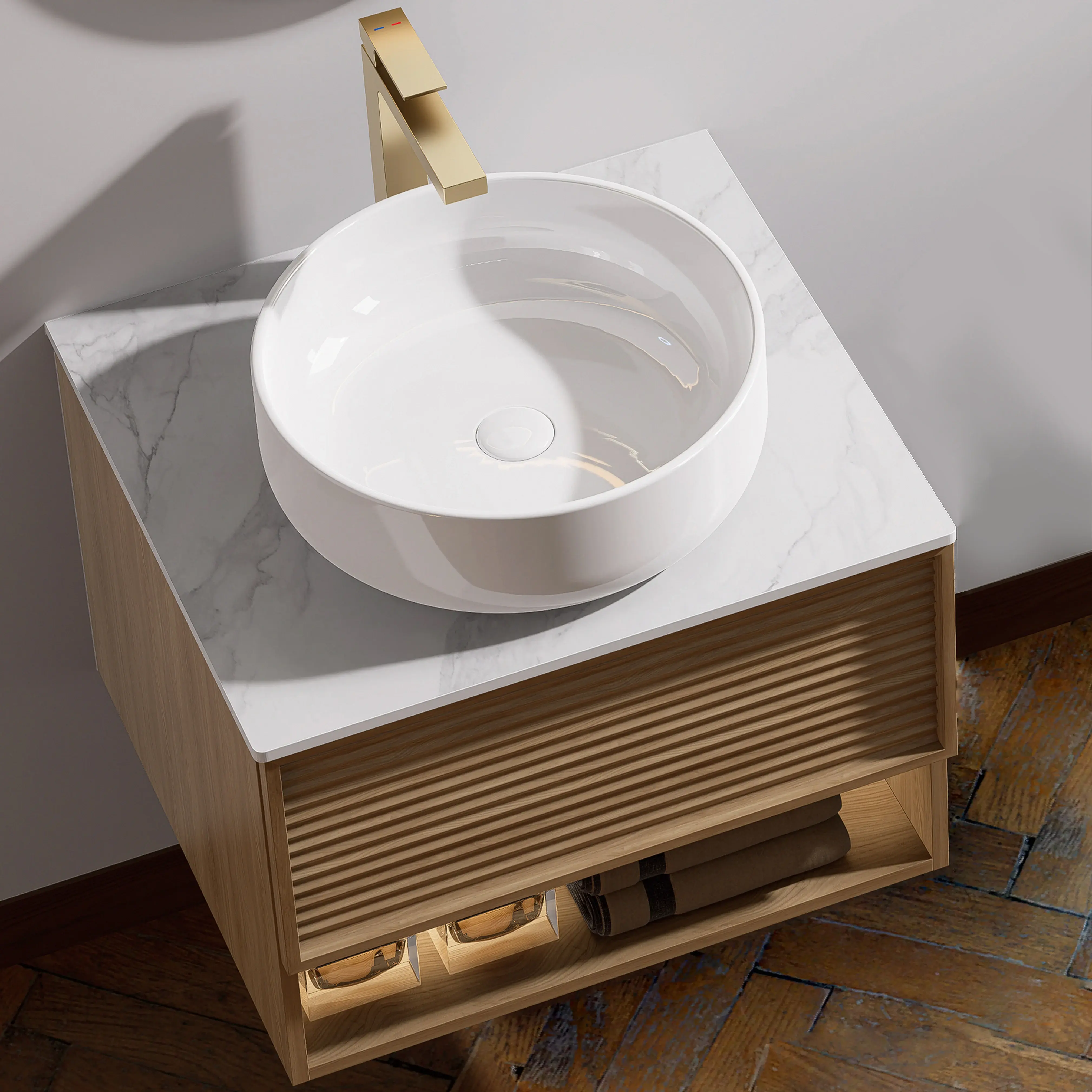 Ensemble meuble chêne avec plan Carrara, vasque et miroir LED doré brossé – Minions