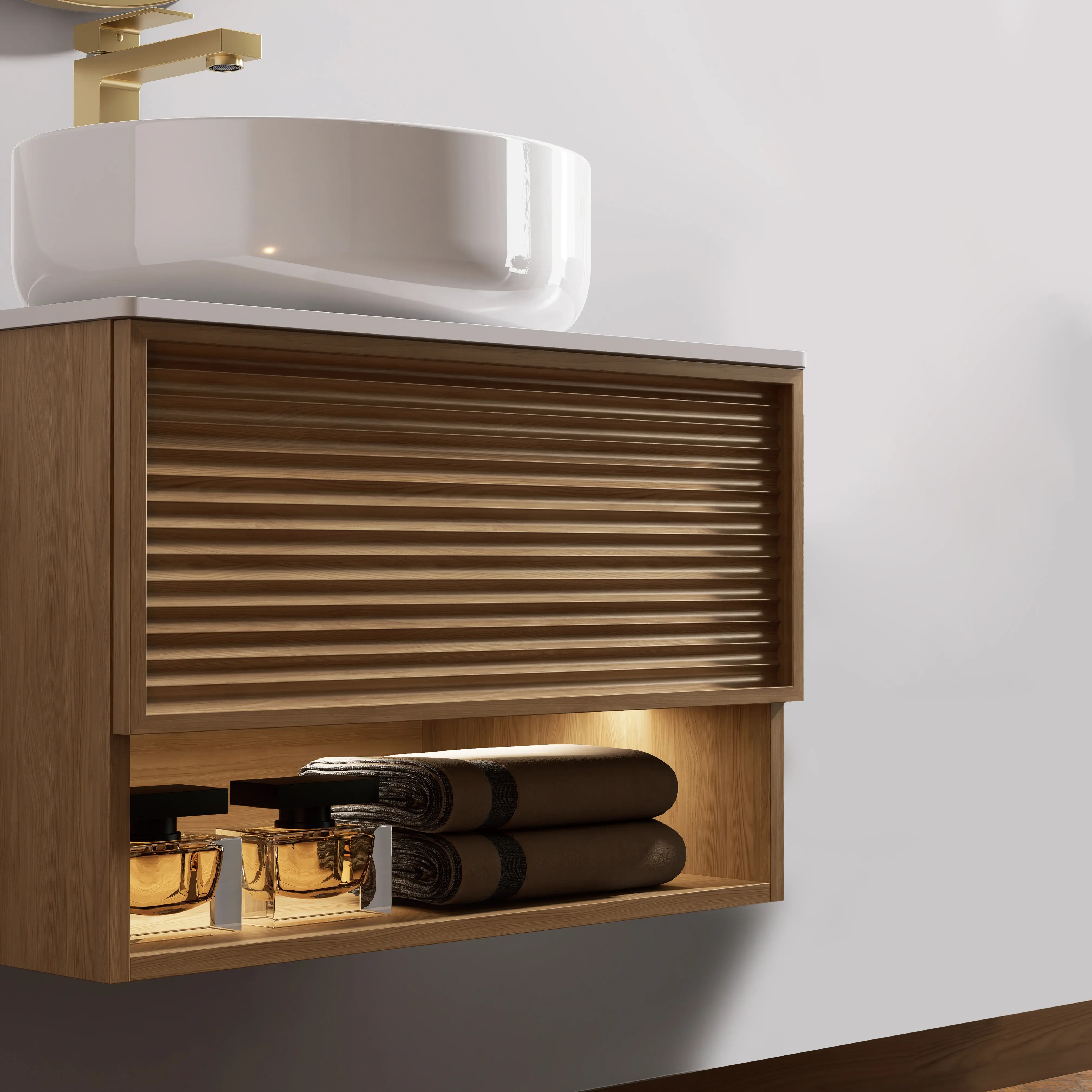Ensemble meuble chêne avec plan Carrara, vasque et miroir LED doré brossé – Minions