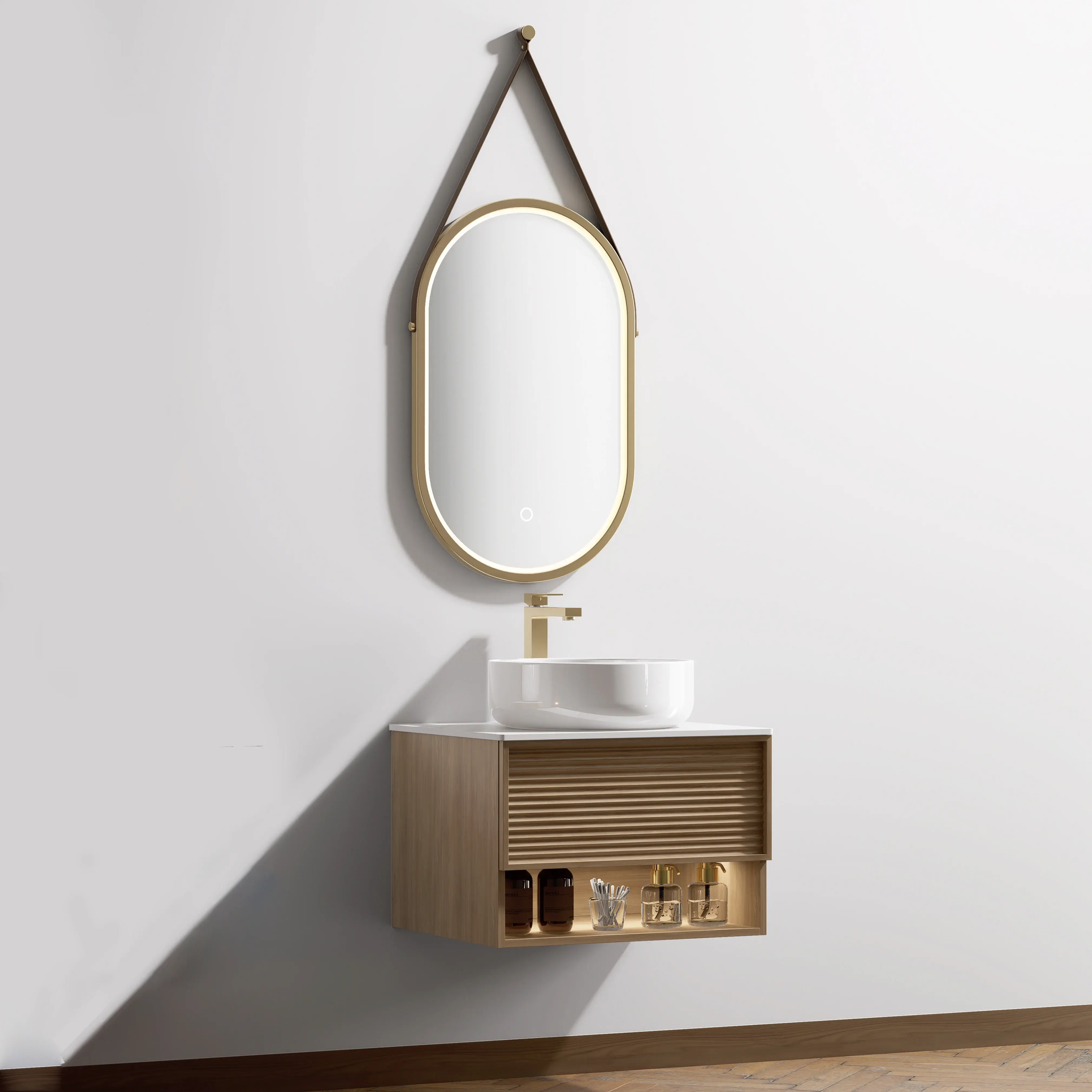 Ensemble meuble chêne avec plan Carrara, vasque et miroir LED doré brossé – Minions