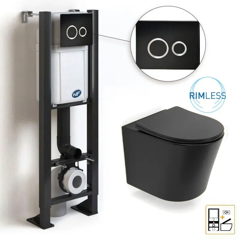 [PKBATIW6] Bâti compact WIRQUIN + Plaque de déclenchement noire + WC suspendu Noir Rimless Flavia - Pack WC suspendu.webp