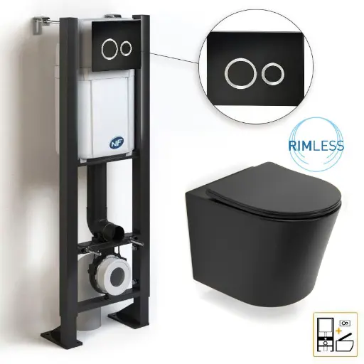 [PKBATIW6] Bâti compact WIRQUIN + Plaque de déclenchement noire + WC suspendu Noir Rimless Flavia - Pack WC suspendu.webp