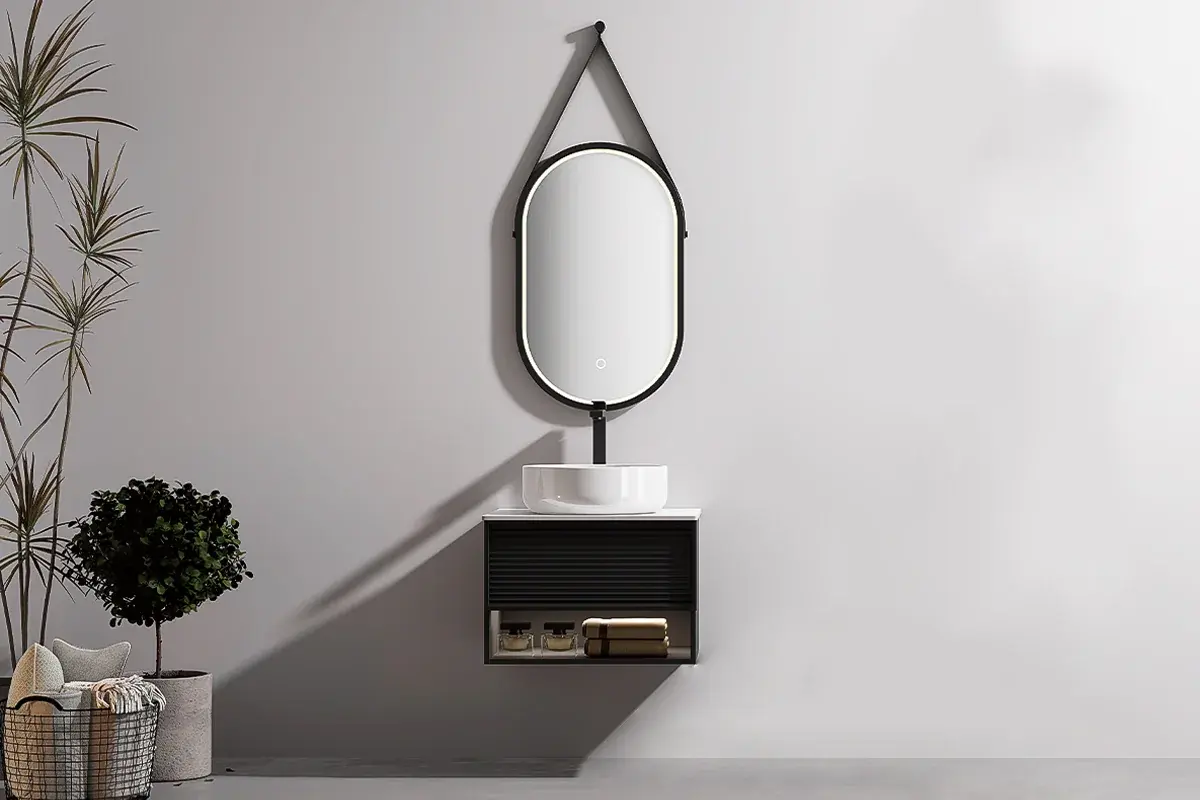 Ensemble meuble noir mat Minions avec plan Carrara, vasque à poser blanche et miroir LED ovale noir 50x35 cm – style compact, contrasté et contemporain