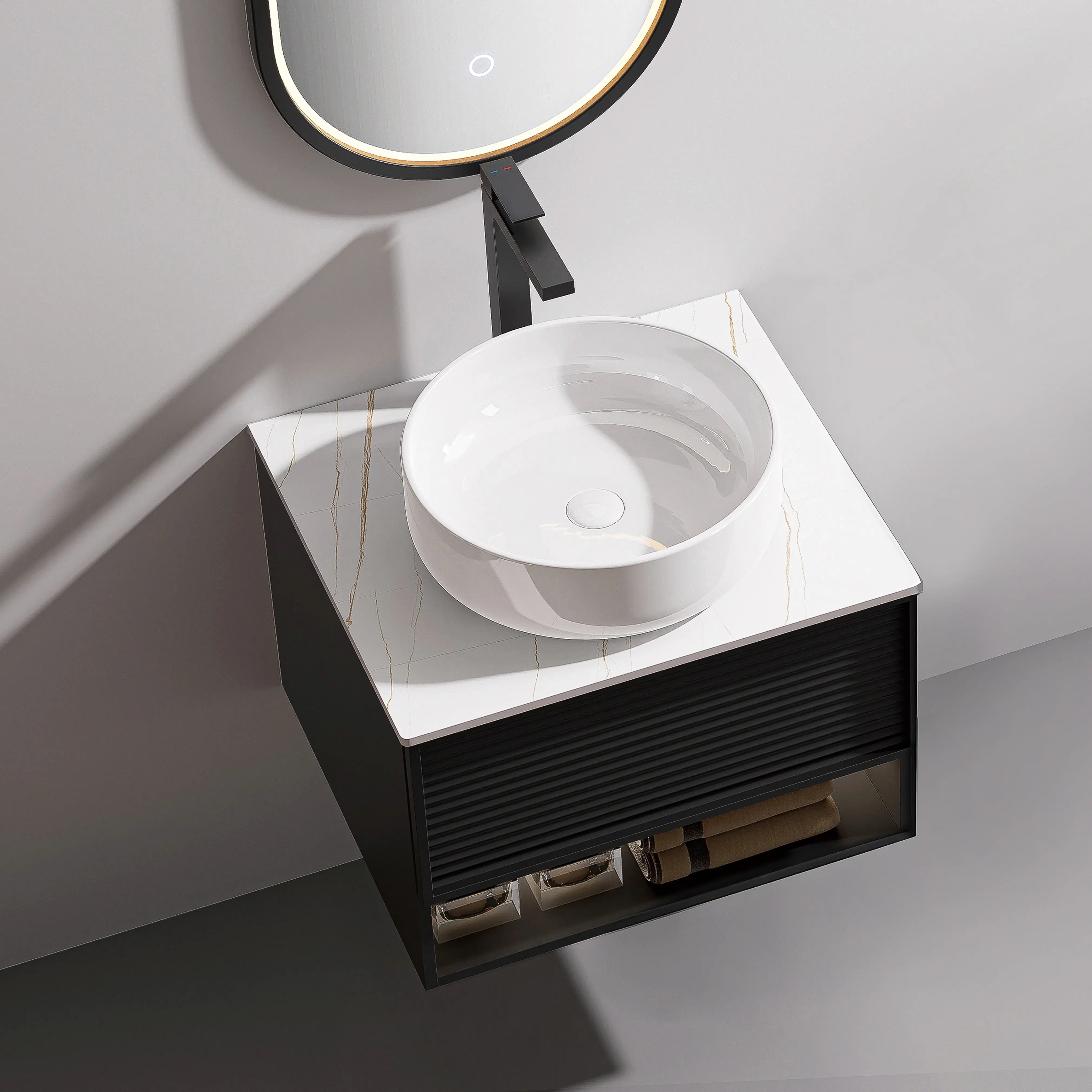 Ensemble meuble noir avec plan Carrara, vasque et miroir LED noir 50x35 cm – Minions