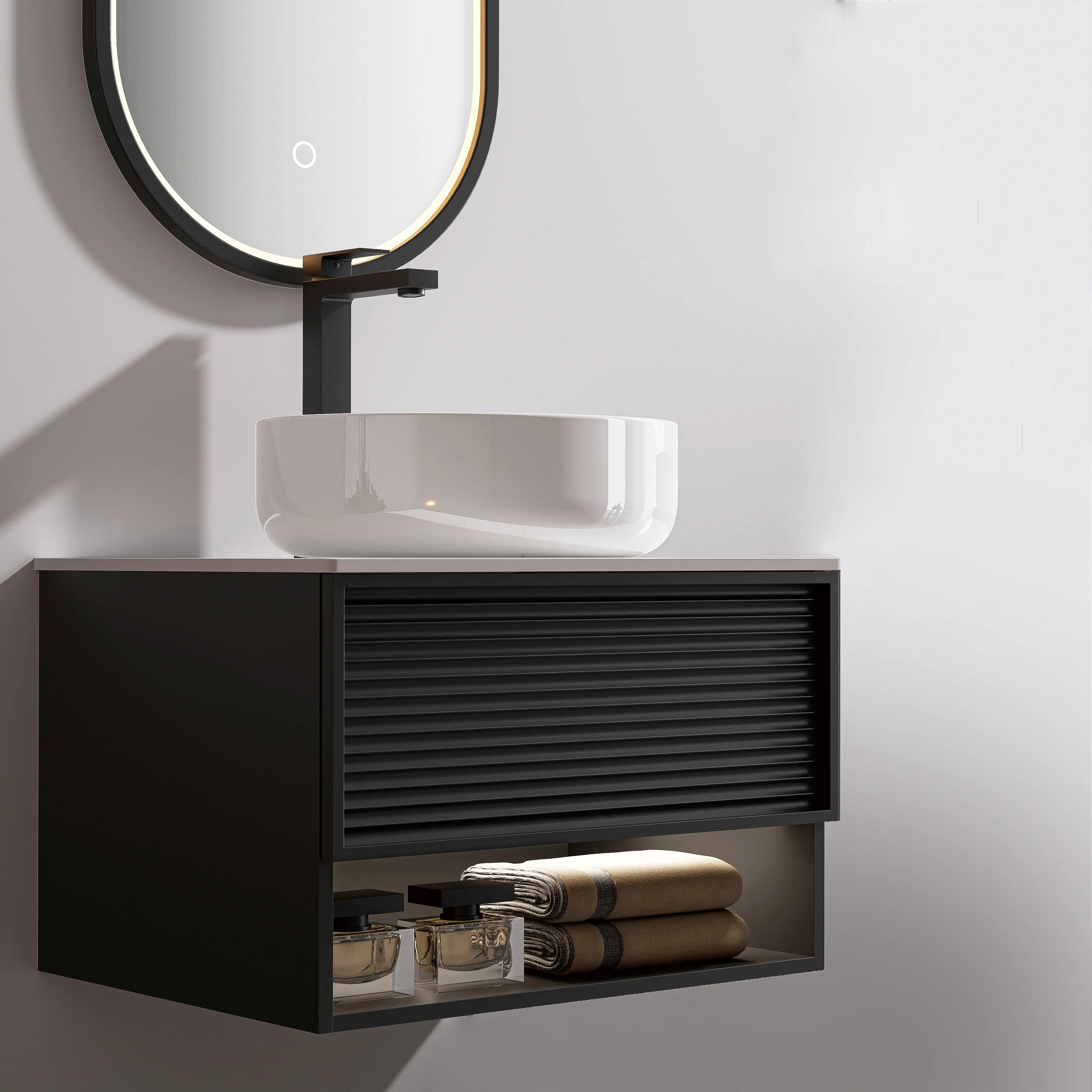 Ensemble meuble noir avec plan Carrara, vasque et miroir LED noir 50x35 cm – Minions