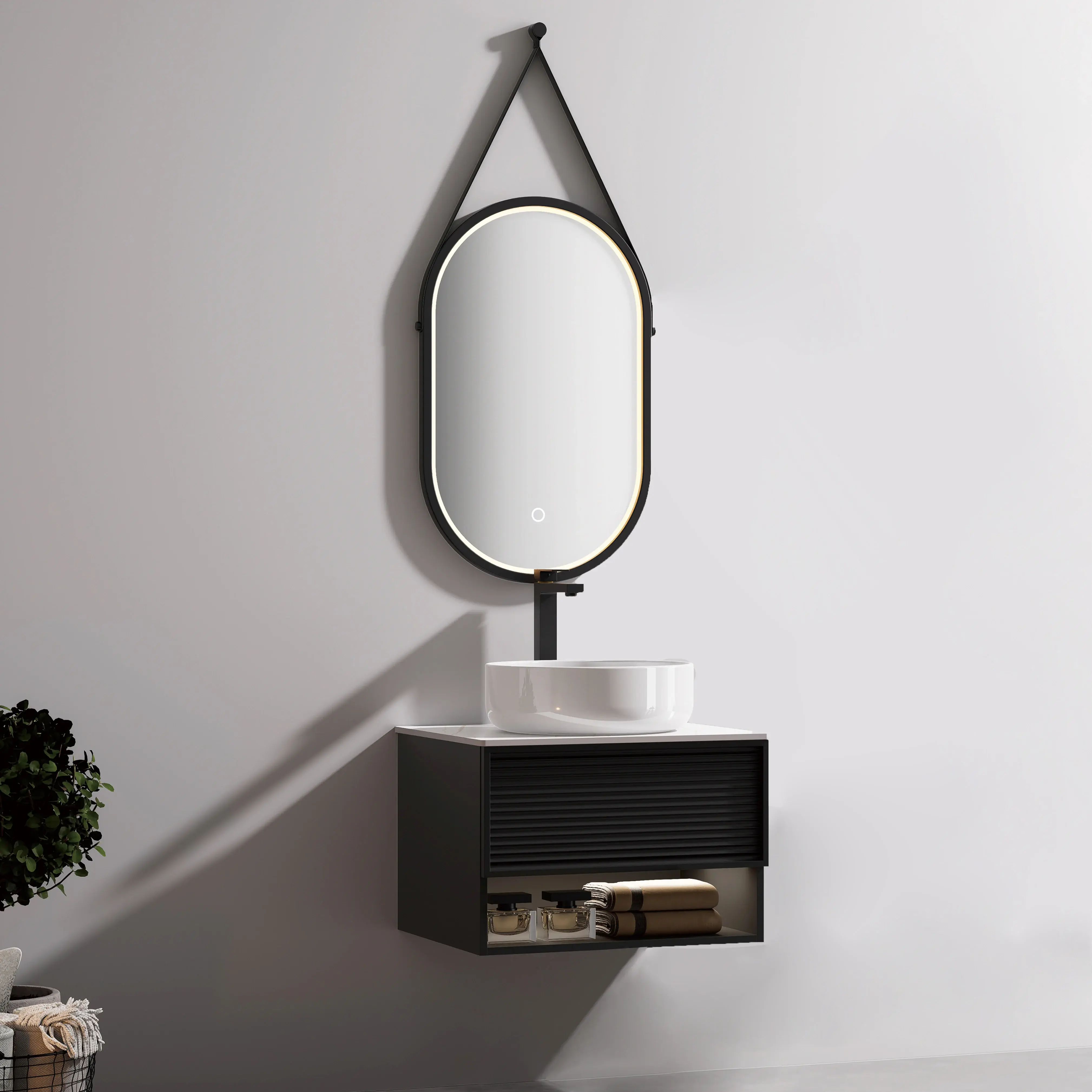 Ensemble meuble noir avec plan Carrara, vasque et miroir LED noir 50x35 cm – Minions