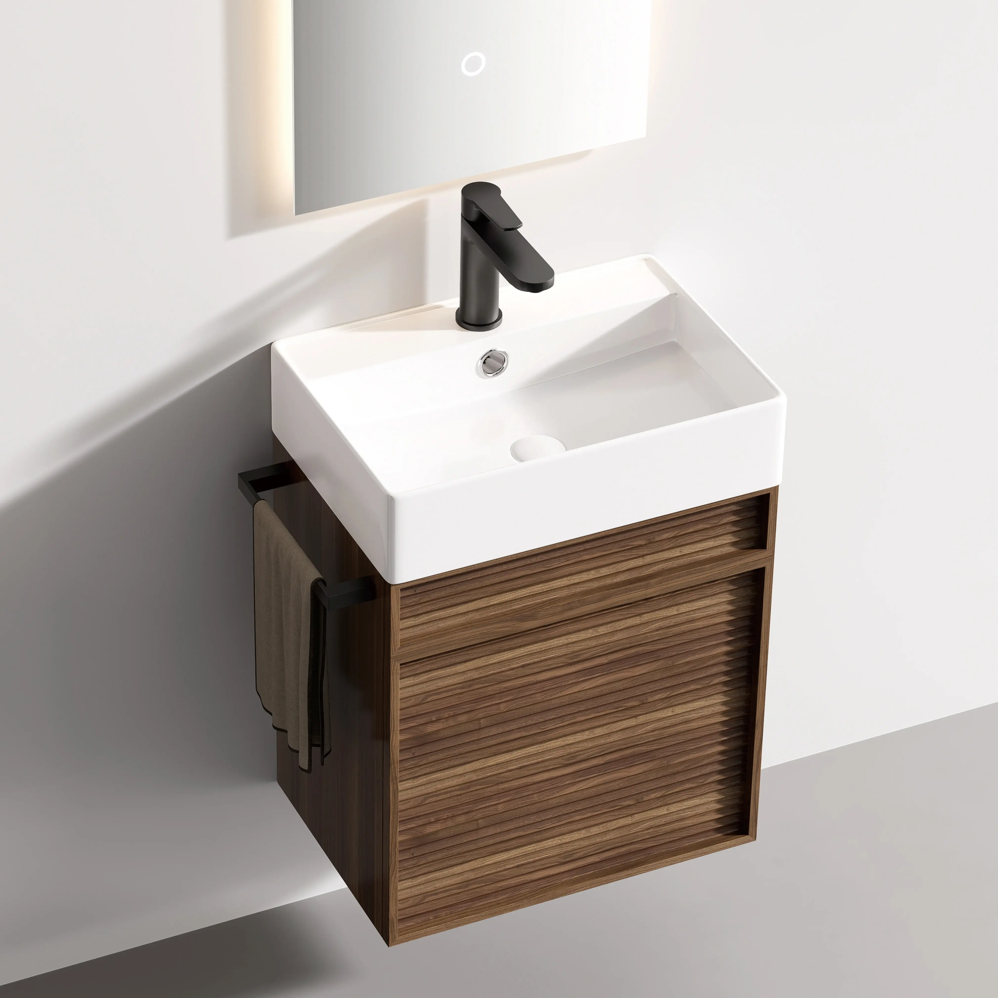 Ensemble meuble noyer avec vasque et miroir LED – Piccolo