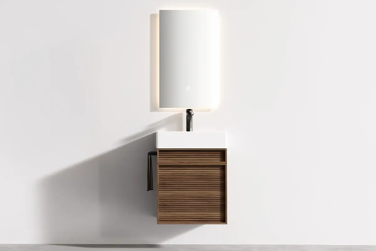Ensemble meuble noyer avec vasque et miroir LED – Piccolo