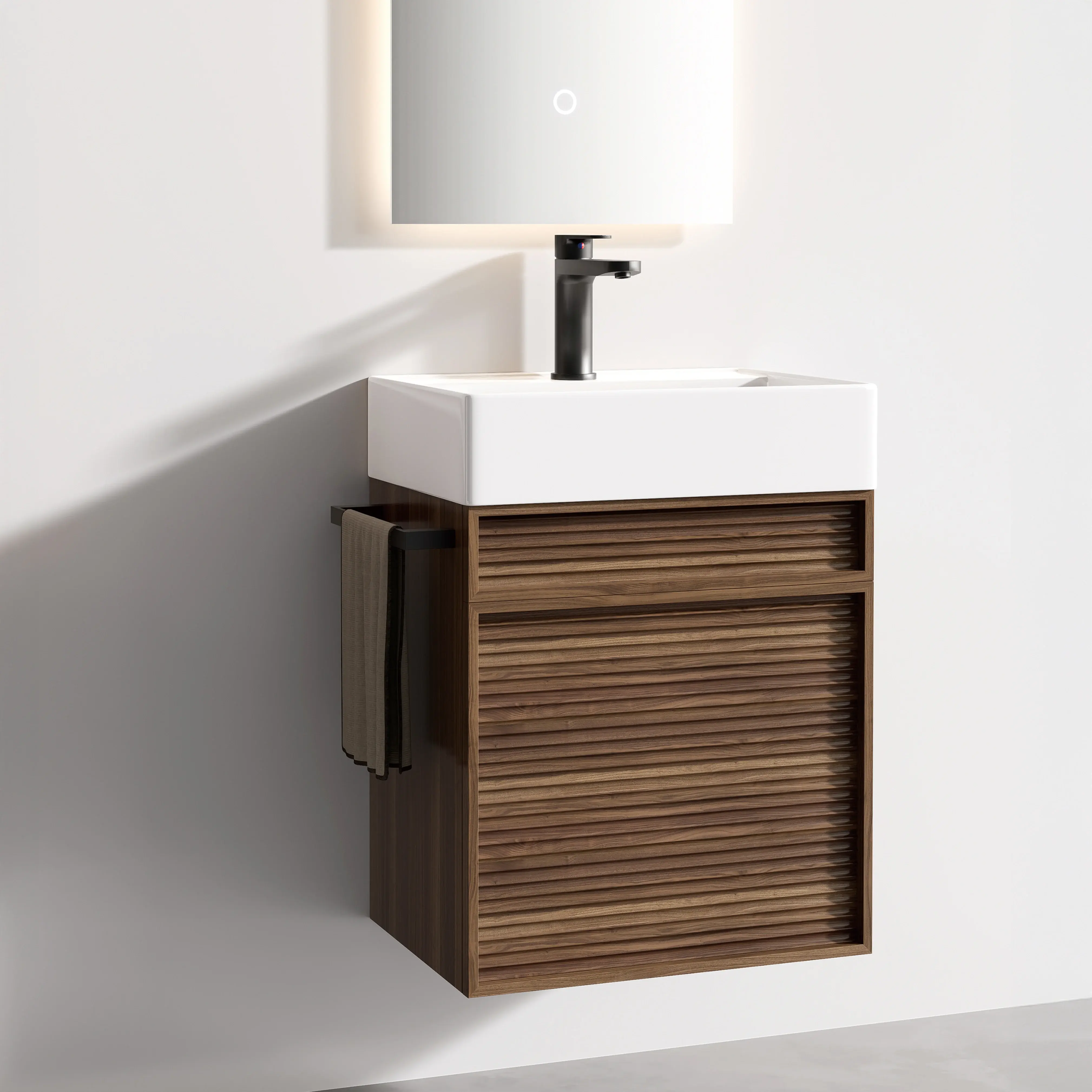 Ensemble meuble noyer avec vasque et miroir LED – Piccolo