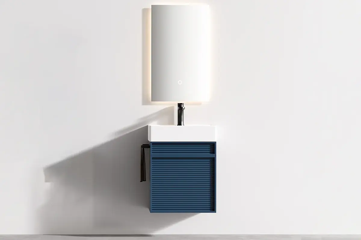 Ensemble meuble bleu nuit mat avec vasque et miroir LED – Piccolo