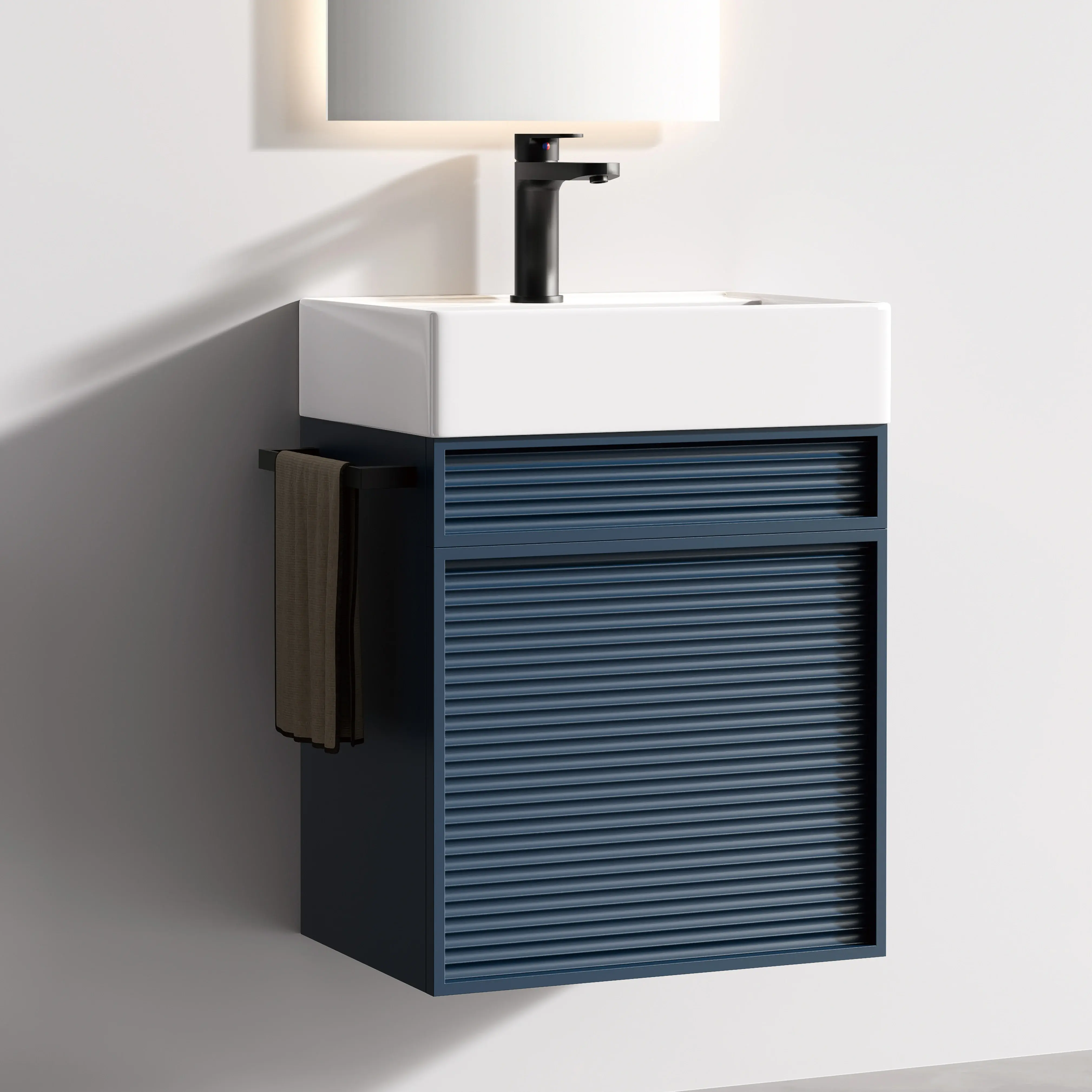 Ensemble meuble bleu nuit mat avec vasque et miroir LED – Piccolo