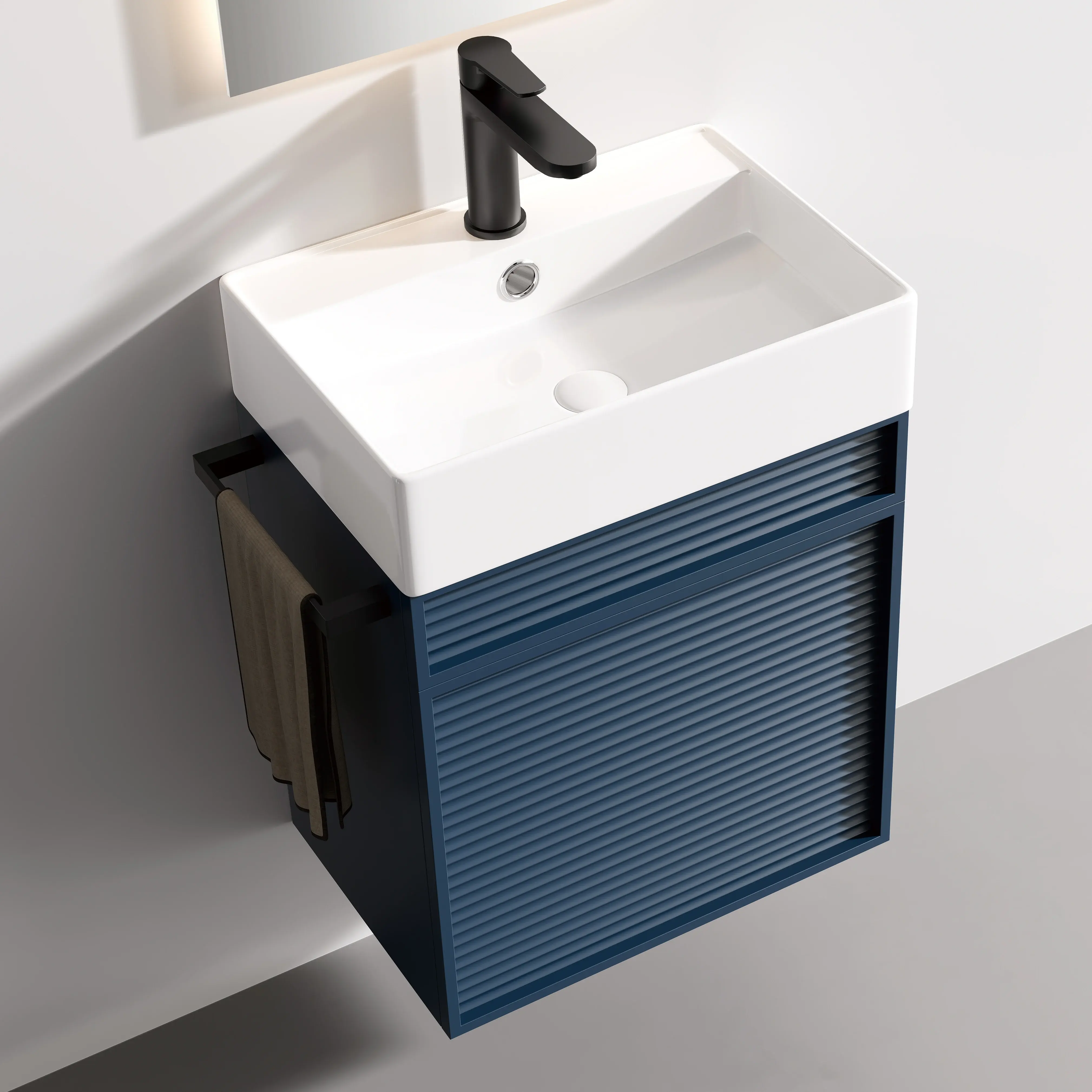 Ensemble meuble bleu nuit mat avec vasque et miroir LED – Piccolo
