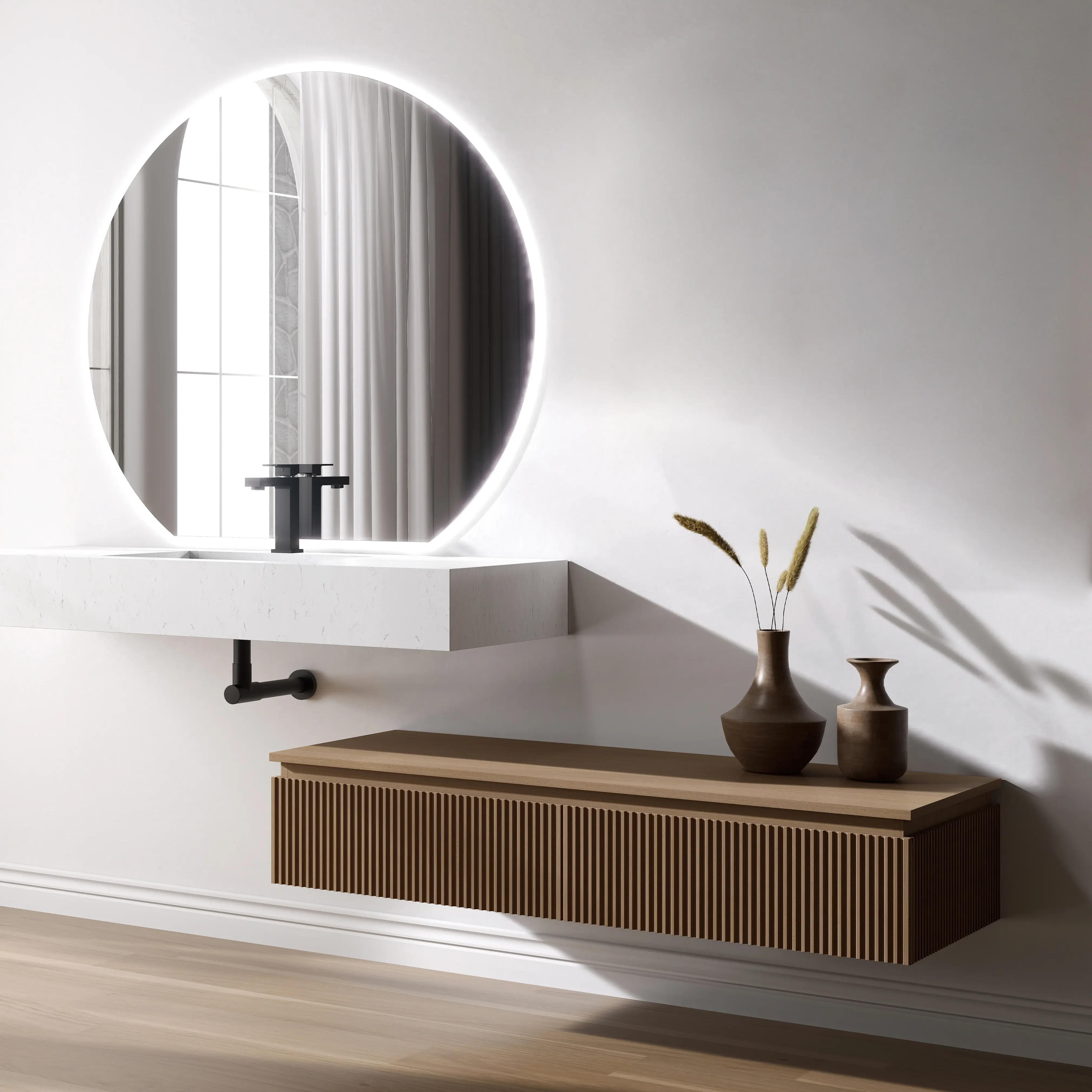 Ensemble vasque suspendue Carrara mat, meuble chêne cannelé et miroir LED – Tivel