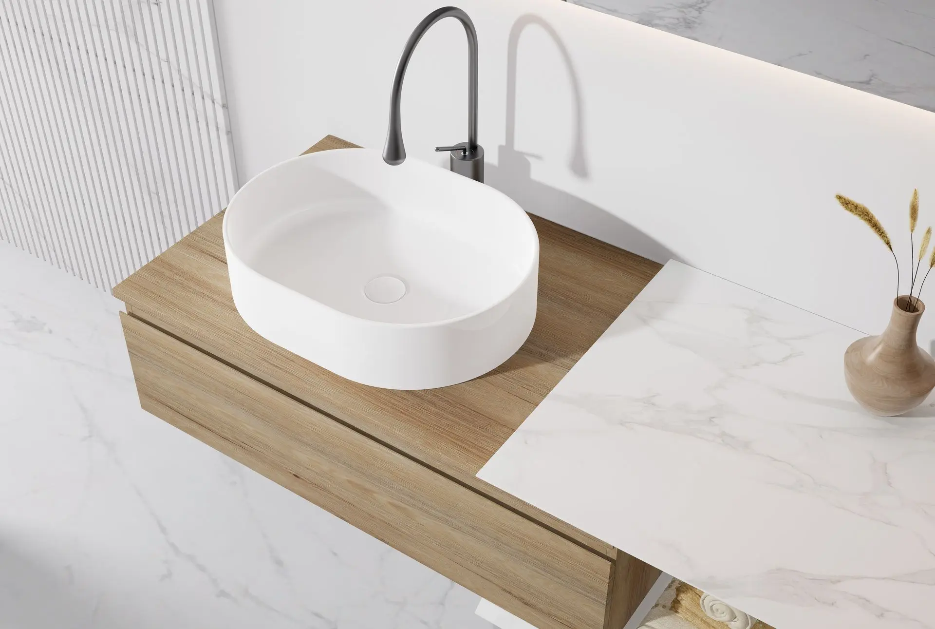 Ensemble meuble chêne, vasque à poser, meuble ajustable Carrara et miroir LED – Streich