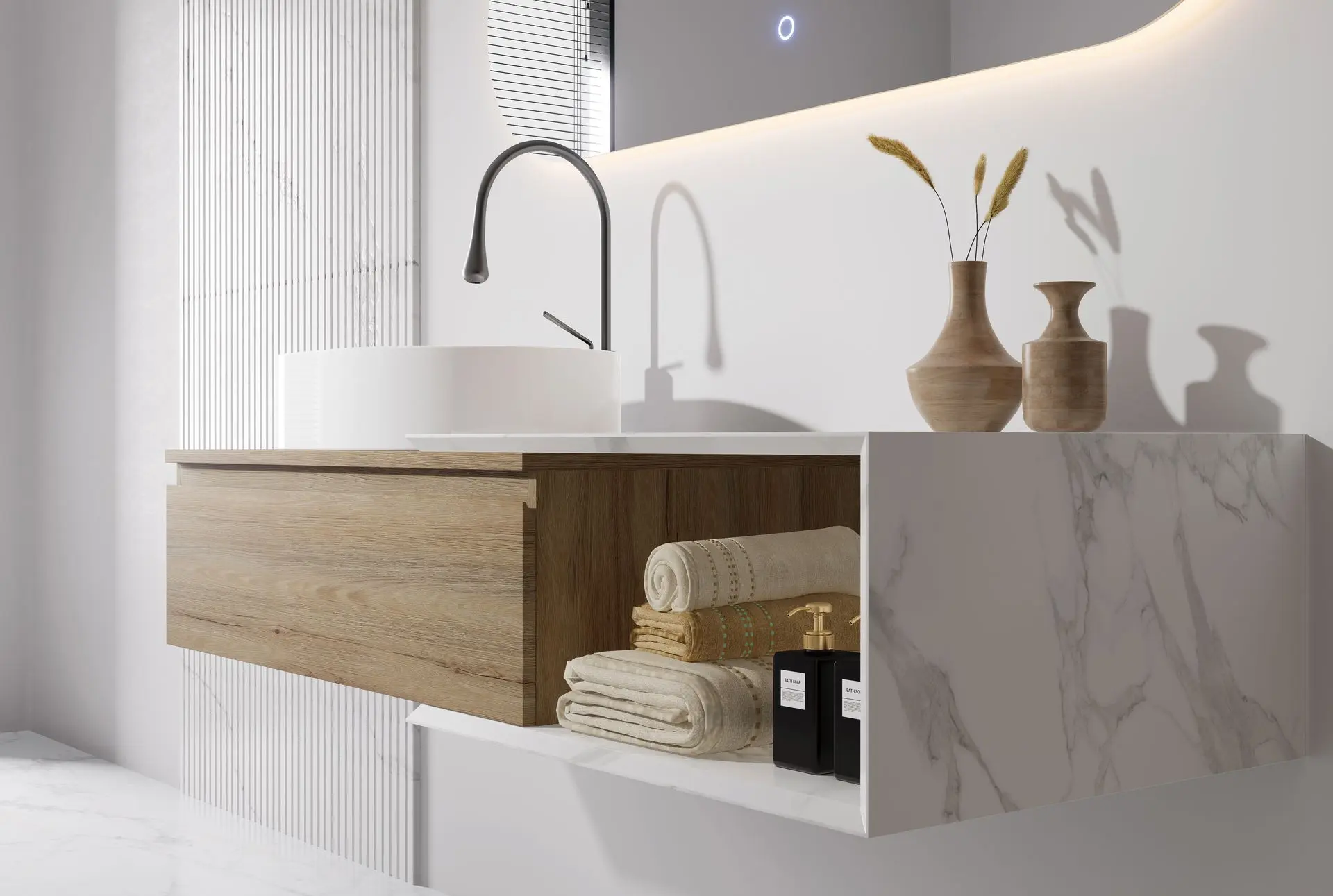 Ensemble meuble chêne, vasque à poser, meuble ajustable Carrara et miroir LED – Streich
