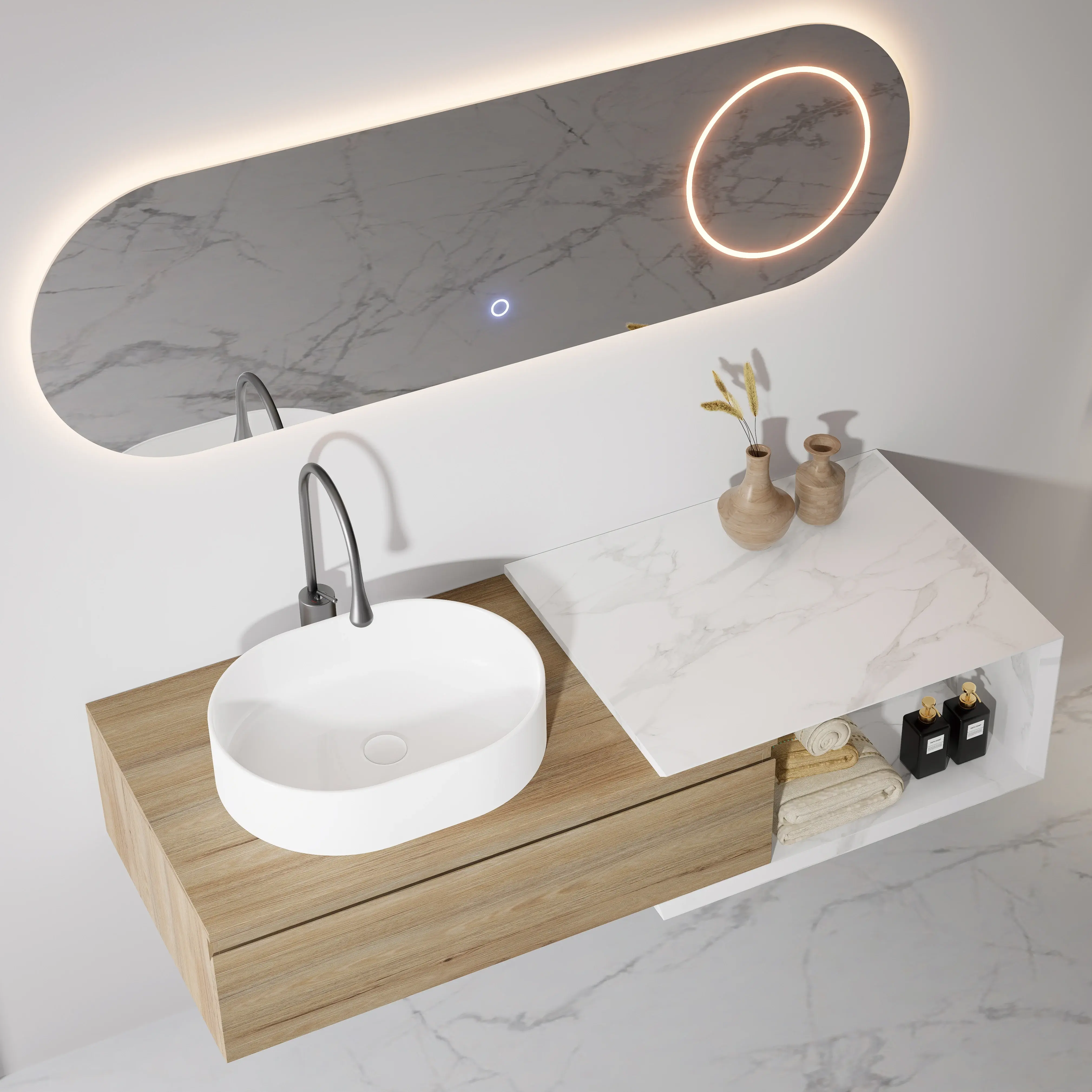 Ensemble meuble chêne, vasque à poser, meuble ajustable Carrara et miroir LED – Streich