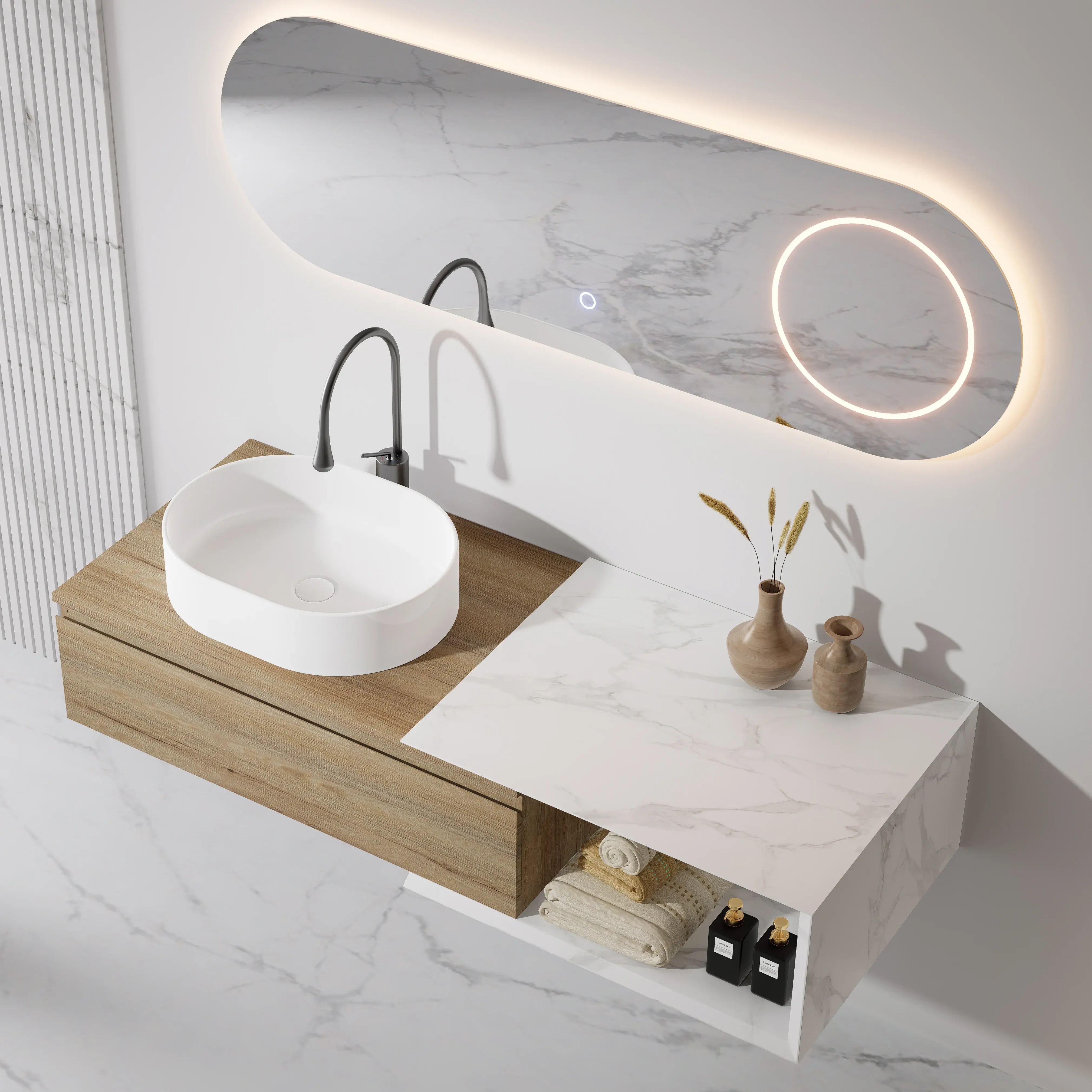 Ensemble meuble chêne, vasque à poser, meuble ajustable Carrara et miroir LED – Streich