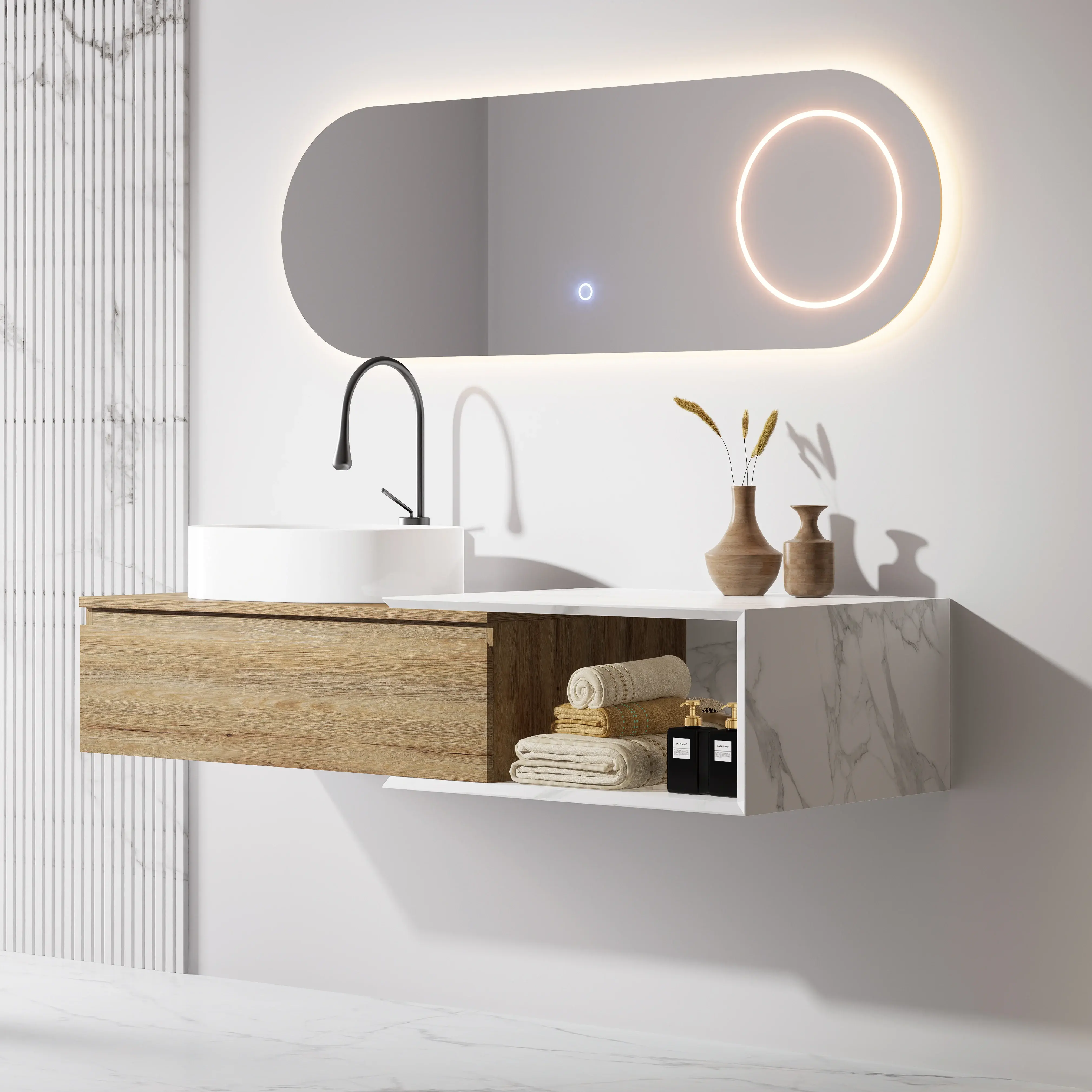 Ensemble meuble chêne, vasque à poser, meuble ajustable Carrara et miroir LED – Streich